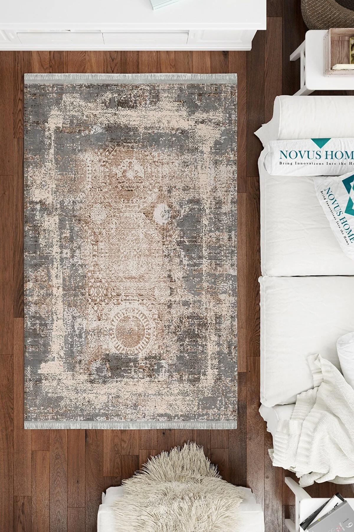Novus Home Verona Serisi Kahverengi - Krem 6 mm Polyester Antibakteriyel-Toz Tutmaz-Yalıtıma Yardımcı Yıkanabilir İnce Kaymaz Taban Dikdörtgen Makine Dokuma Antre-Salon-Yatak Odası Halısı 80x120 cm