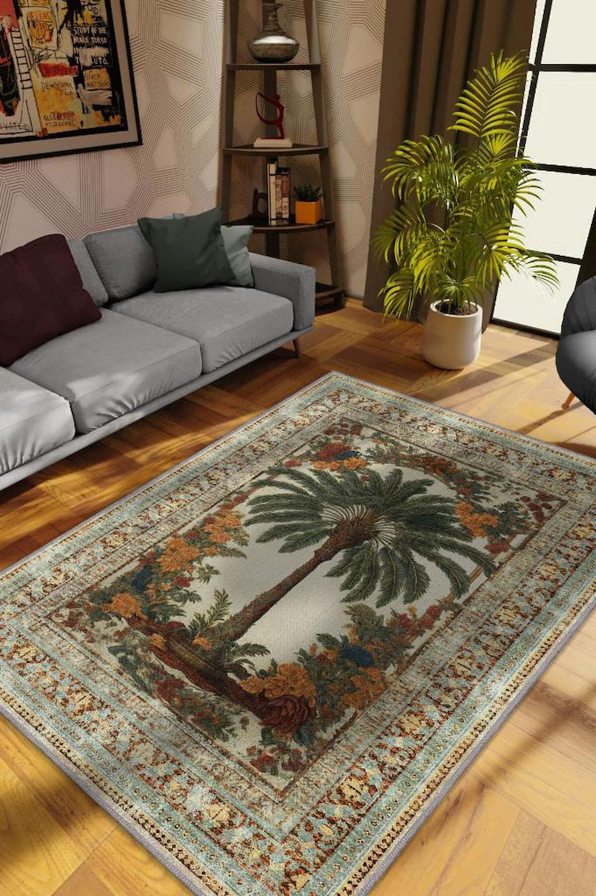 Homshtag Palmiye Ağacı Krem 4 mm Pamuk Antistatik Yıkanabilir İnce Kaymaz Dikdörtgen Makine Dokuma Salon Halısı 160x230 cm