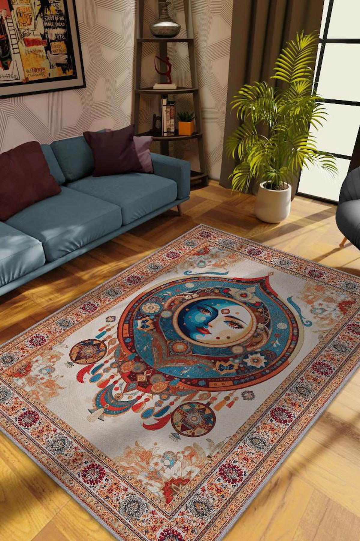 Homshtag Ay Yüz Krem 4 mm Pamuk Antistatik Yıkanabilir İnce Kaymaz Dikdörtgen Makine Dokuma Salon Halısı 156x230 cm