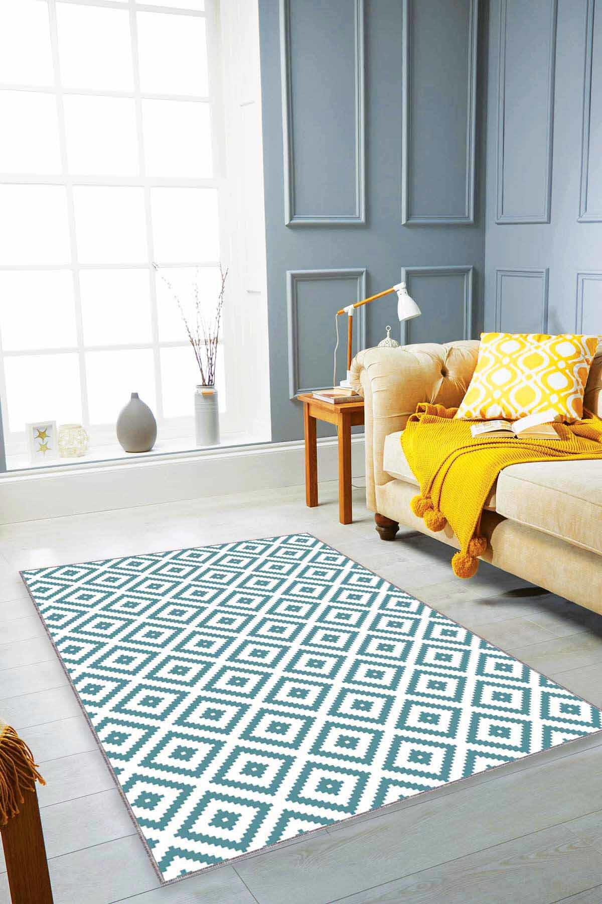 Viva Home KR009 Su Yeşili 7 mm Mikropolyester Toz Tutmaz Yıkanabilir İnce Kaymaz Dot Taban Dikdörtgen Makine Dokuma Salon Halısı 120x200 cm
