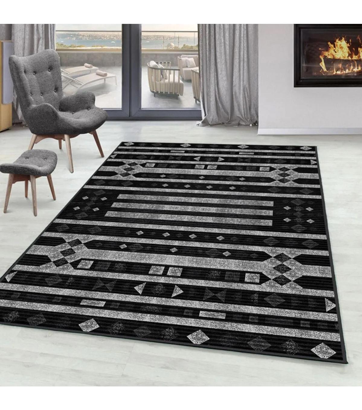 Rovigo Home RVG0106-SD1117 Beyaz - Siyah 8 mm Polyester Yıkanabilir Orta Kaymaz Dot Taban Dikdörtgen Makine Dokuma Salon Halısı 80x150 cm