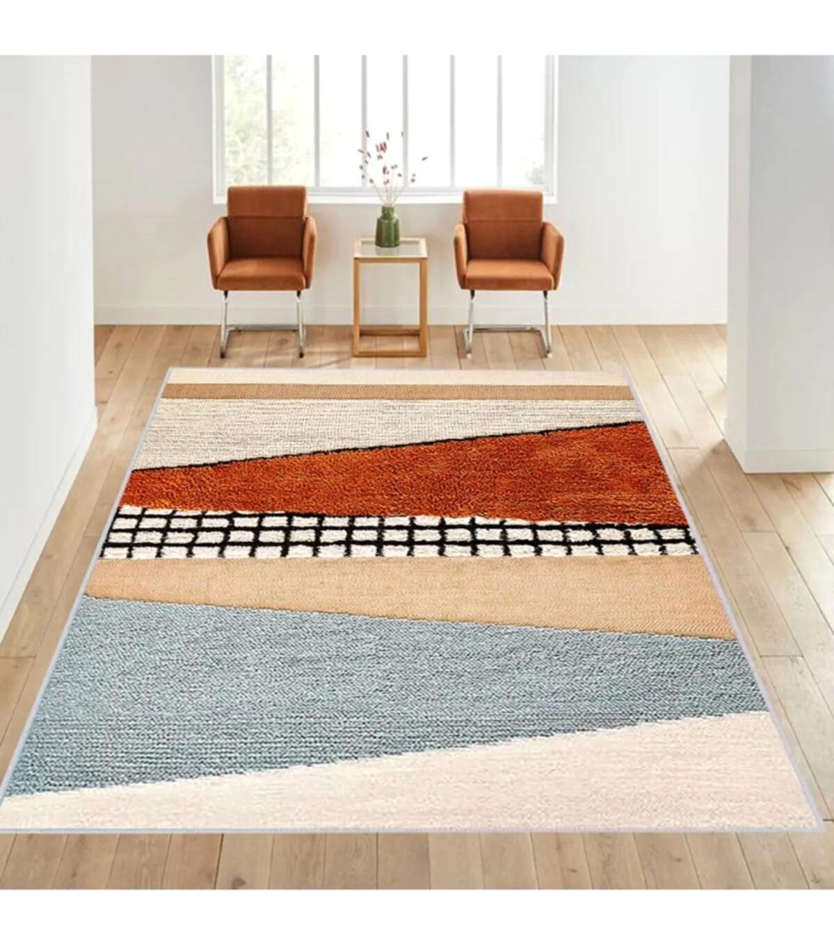 Rovigo Home RVG1027 Çok Renkli 8 mm Polyester Antibakteriyel-Leke Tutmaz-Toz Tutmaz Yıkanabilir İnce Kaymaz Dot Taban Dikdörtgen Makine Dokuma Salon Halısı 140x200 cm