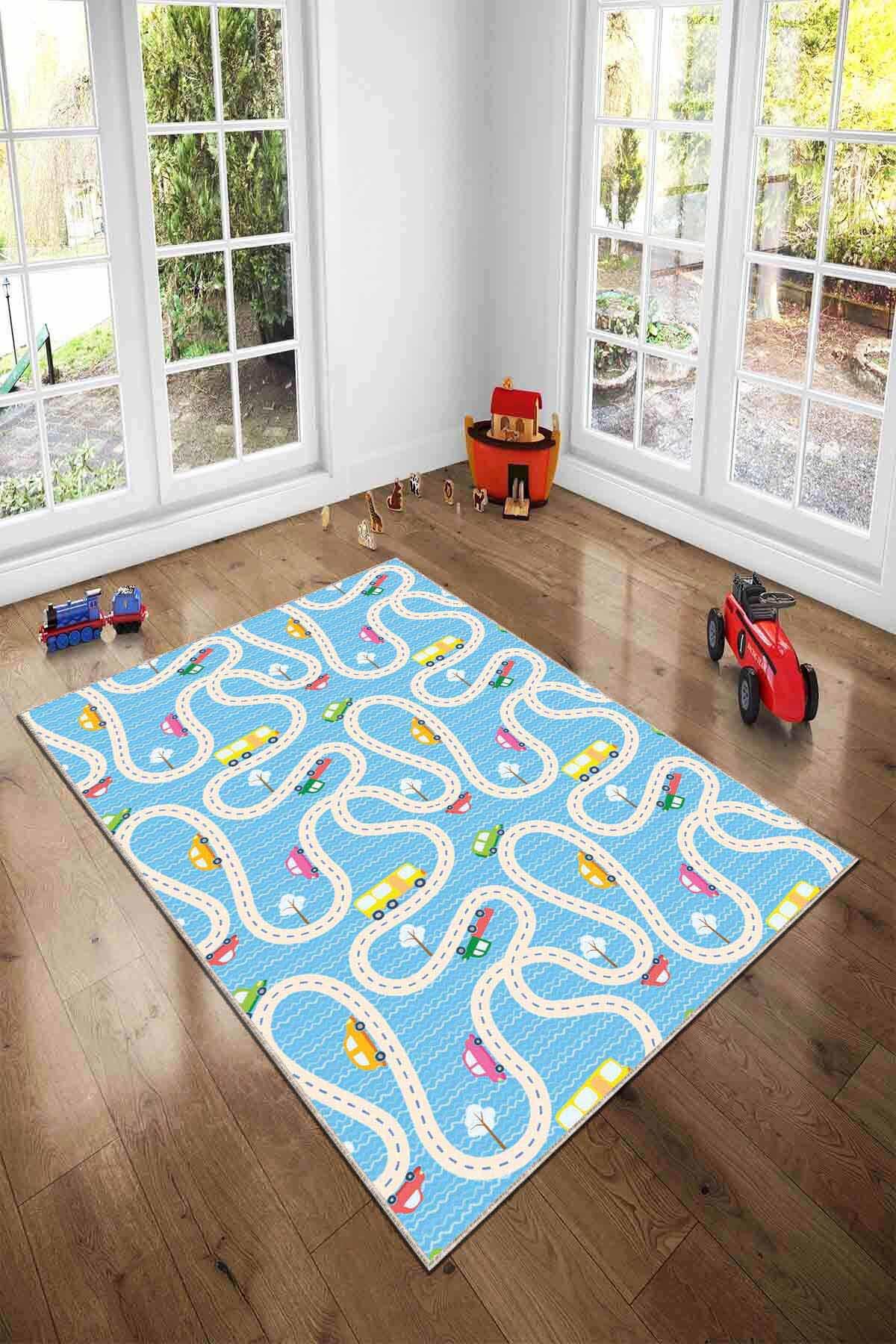 Viva Home KD88 Mavi 7 mm Mikropolyester Leke tutmaz Yıkanabilir İnce Kaymaz Dot Taban Dikdörtgen Makine Dokuma Çocuk Odası Halısı 180x180 cm