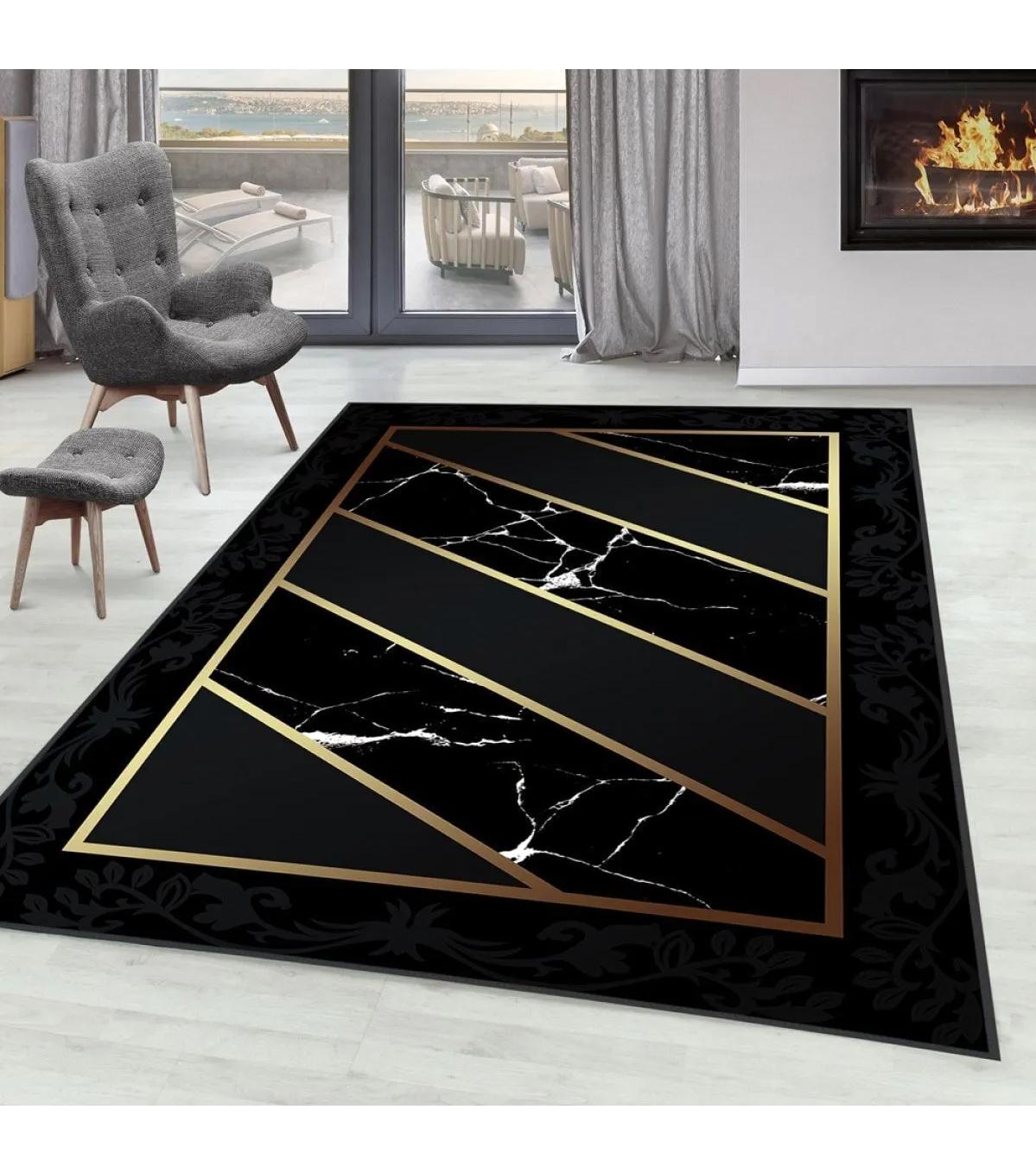Rovigo Home RVG0292-SD715 Altın-Siyah 8 mm Polyester Leke Tutmaz-Toz Tutmaz Yıkanabilir İnce Kaymaz Dot Taban Dikdörtgen Makine Dokuma Salon Halısı 100x200 cm