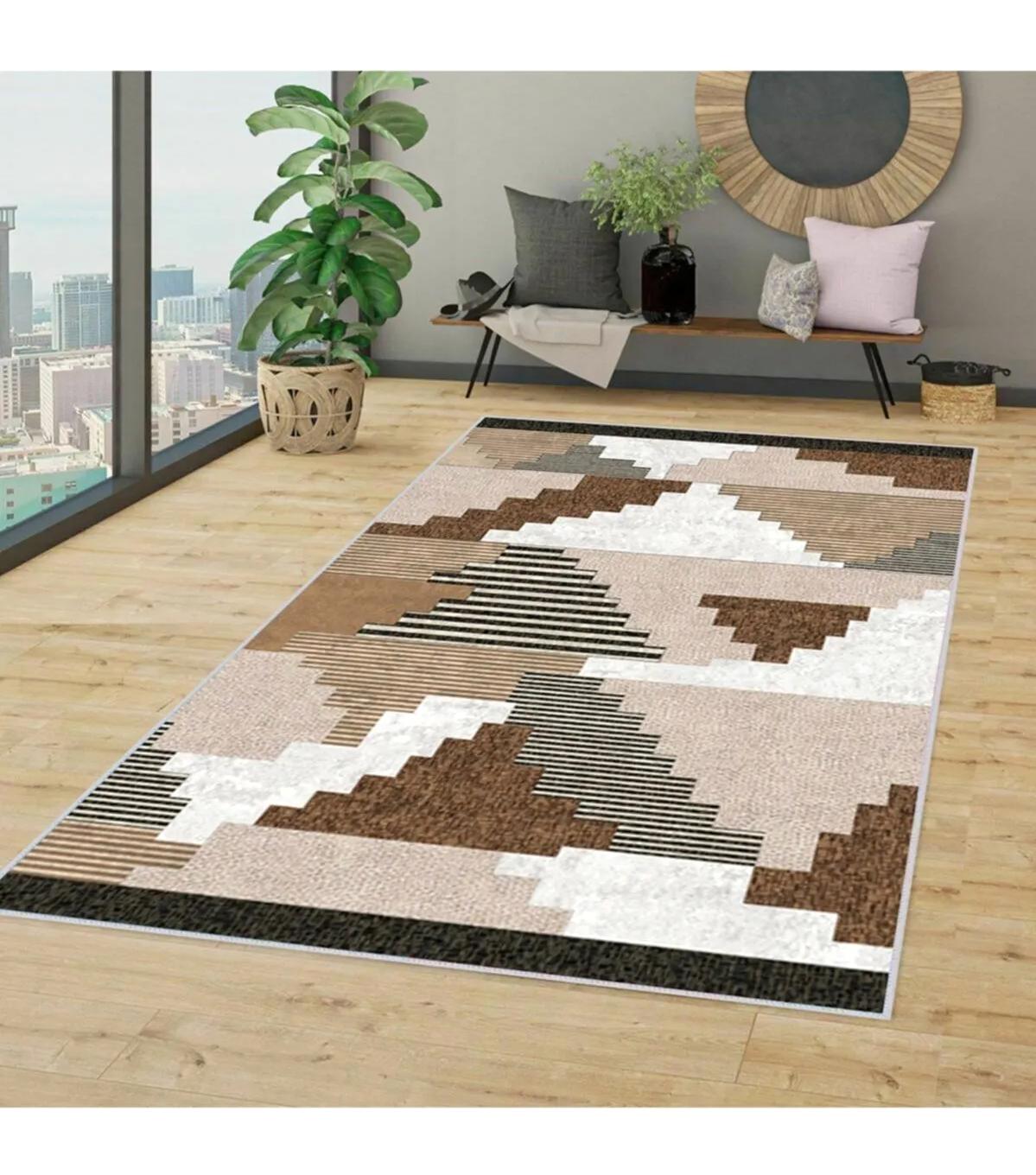 Rovigo Home RVG1334-HT171 Çok Renkli 8 mm Polyester Leke Tutmaz-Toz Tutmaz Yıkanabilir İnce Kaymaz Dot Taban Dikdörtgen Makine Dokuma Salon Halısı 80x150 cm