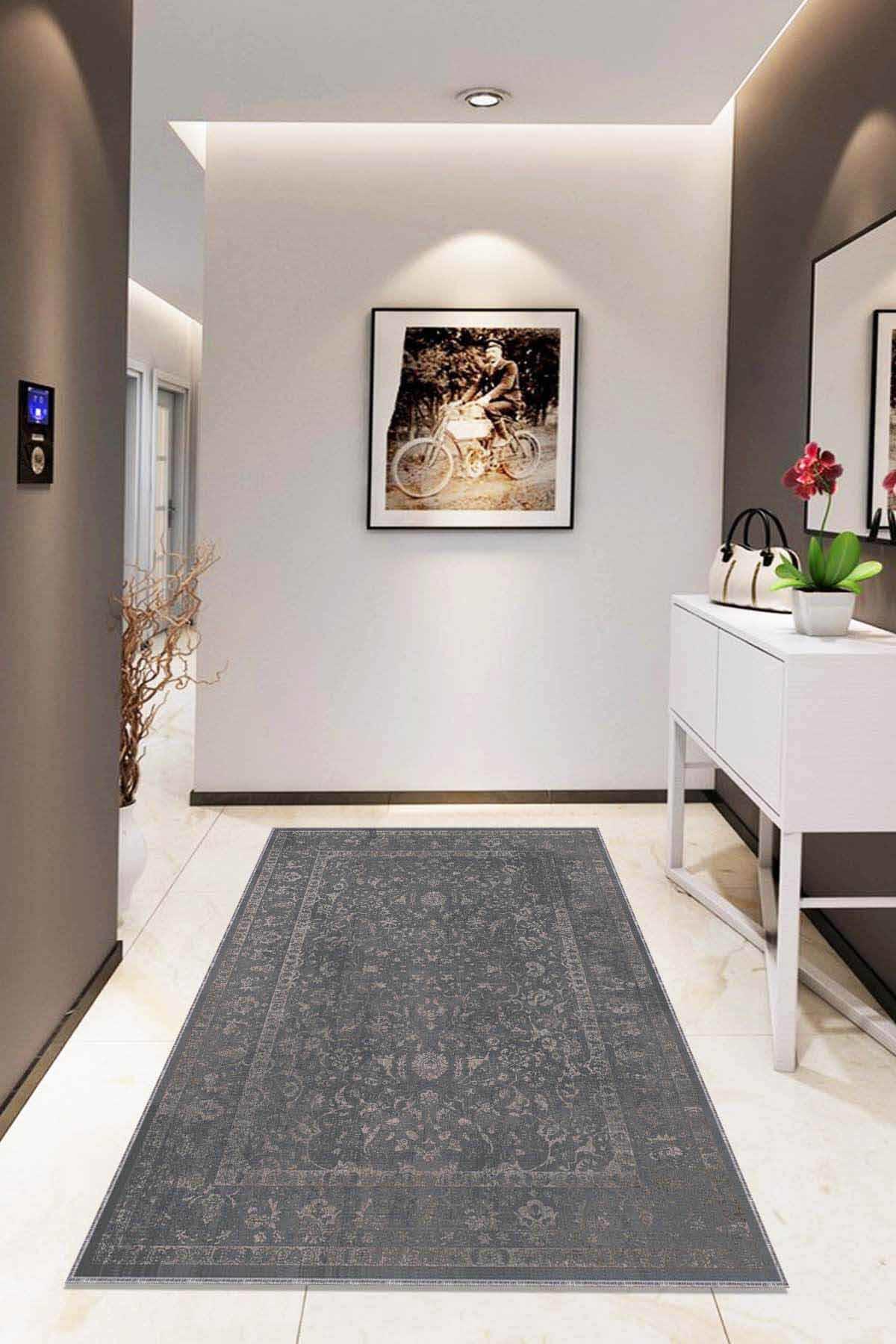 Viva Home RV288 Gri 7 mm Mikropolyester Toz Tutmaz Yıkanabilir İnce Kaymaz Dot Taban Dikdörtgen Makine Dokuma Salon Halısı 120x180 cm