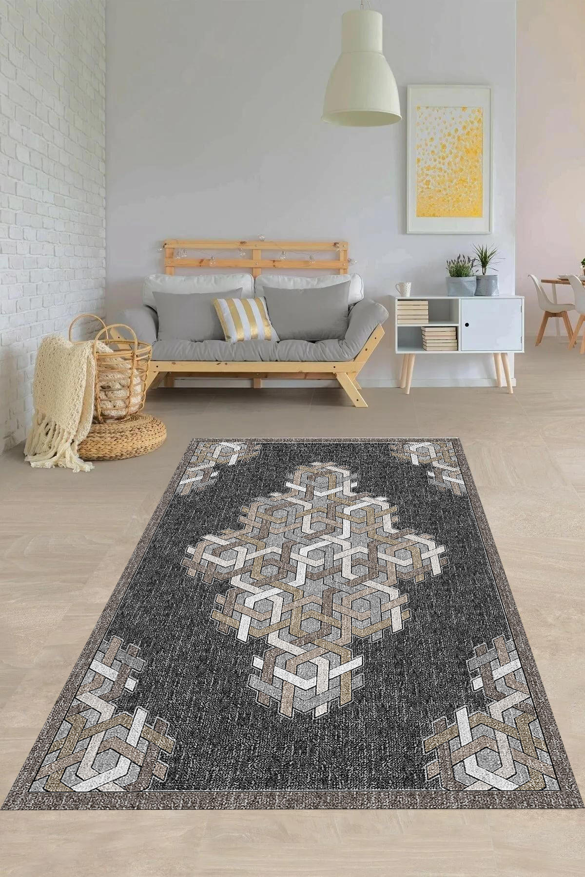 Aldora B-1139 Antrasit 9 mm Deri Yıkanabilir İnce Kaymaz Jüt Taban Dikdörtgen Makine Dokuma Salon Halısı 100x200 cm