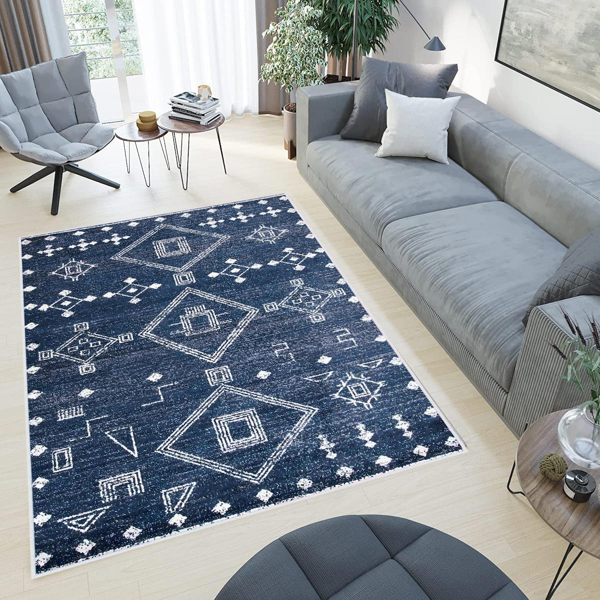 Rovigo Home RVG0468 Beyaz-Lacivert 8 mm Polyester Antibakteriyel-Leke Tutmaz-Toz Tutmaz Yıkanabilir İnce Kaymaz Dot Taban Dikdörtgen Makine Dokuma Salon Halısı 100x200 cm