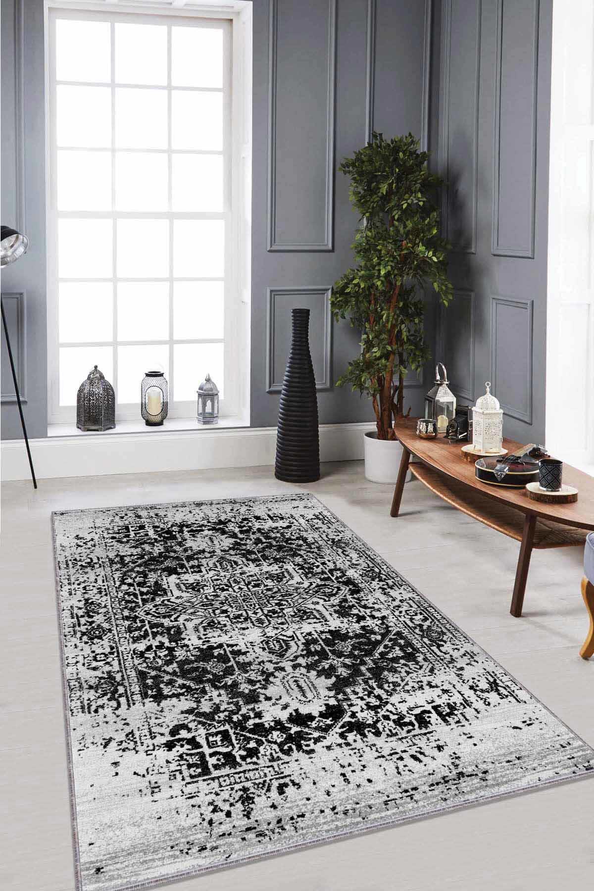 Viva Home RV299 Siyah 7 mm Mikropolyester Toz Tutmaz Yıkanabilir İnce Kaymaz Lateks Taban Dikdörtgen Makine Dokuma Salon Halısı 100x300 cm