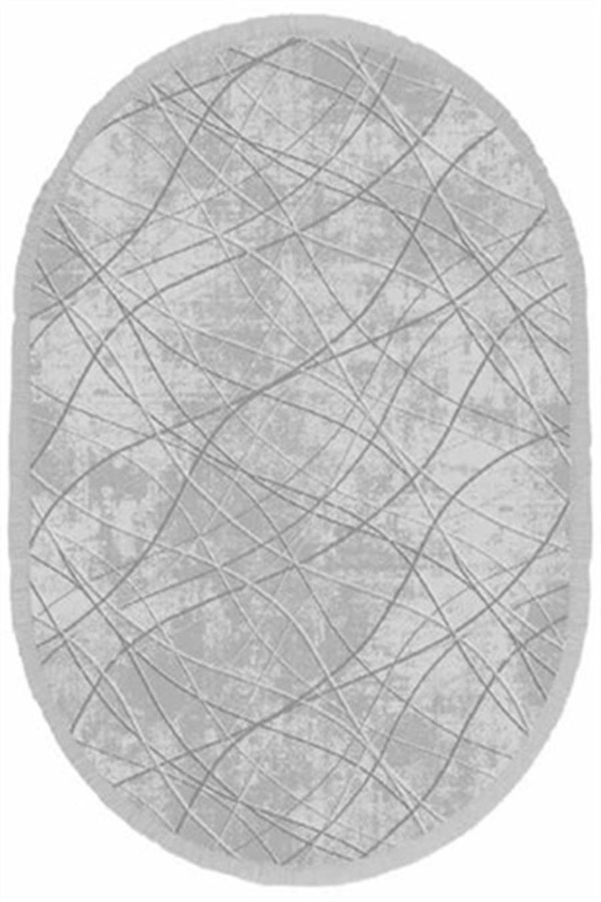 İpek Mekik Halı Sardes 6310 Gri 10 mm Akrilik Yıkanabilir Orta Kaymaz Pamuk Taban Geometrik Oval Makine Dokuma Antre-Çocuk Odası-Salon-Yatak Odası Halısı 100x150 cm