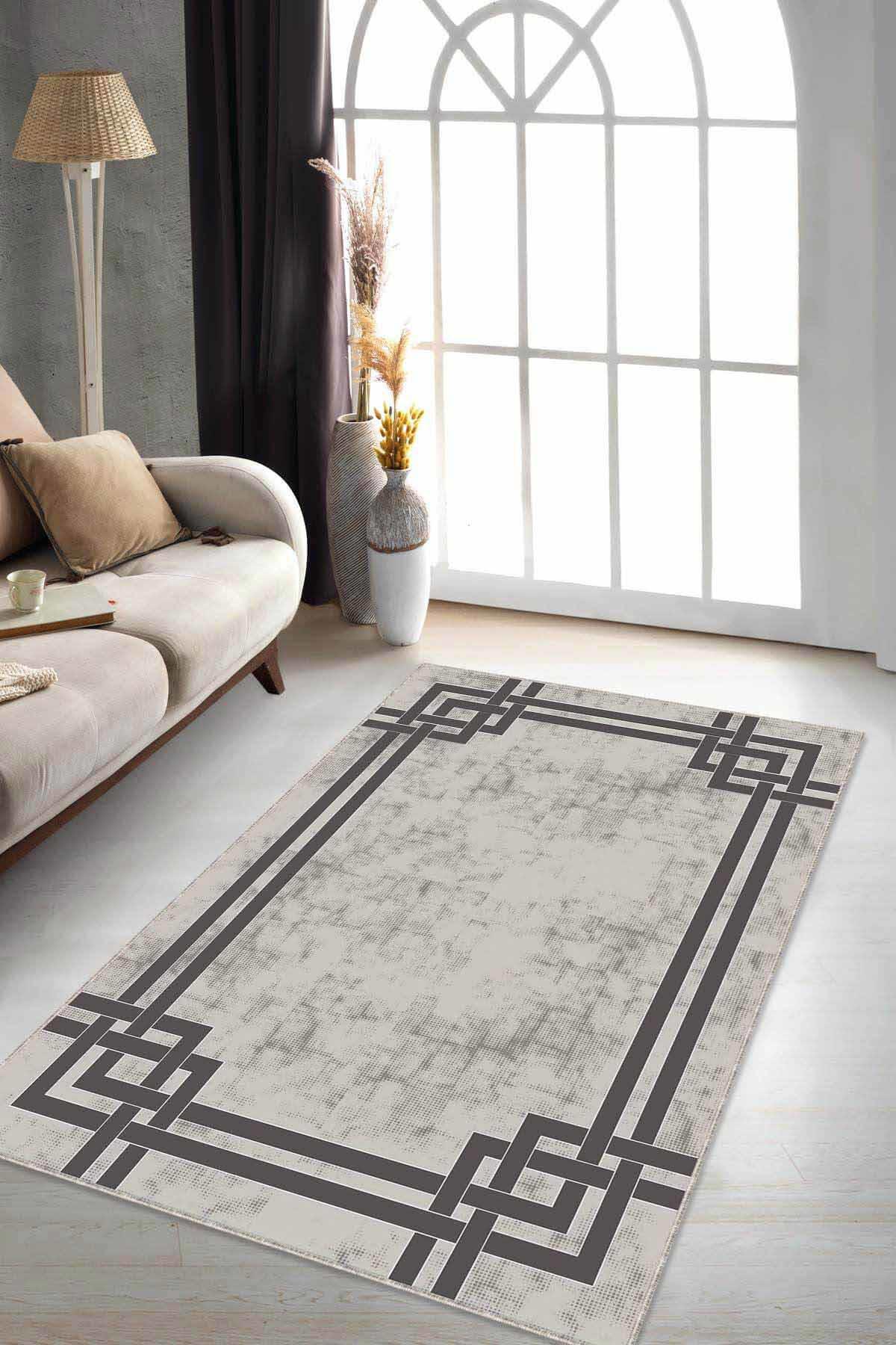 Viva Home RV071 Bej 7 mm Mikropolyester Yıkanabilir İnce Kaymaz Jüt Taban Dikdörtgen Makine Dokuma Salon Halısı 160x230 cm