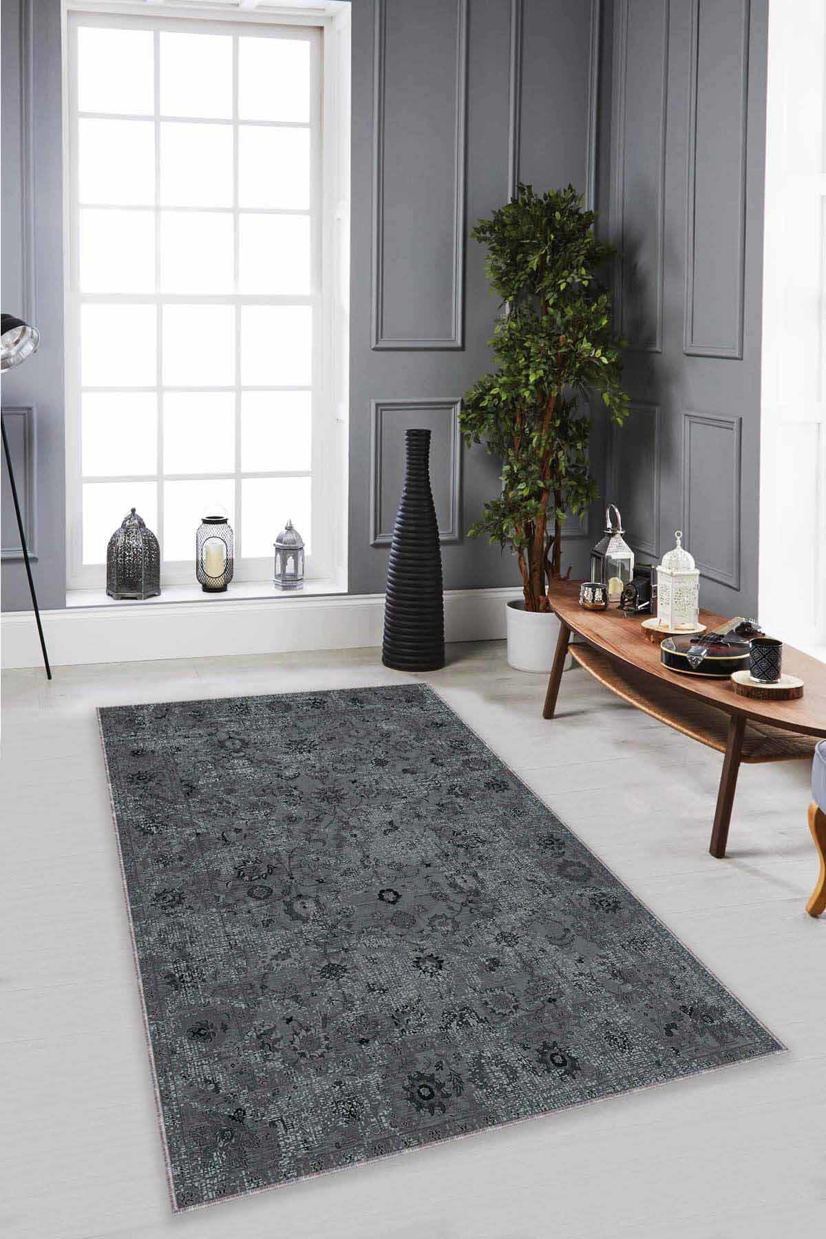 Viva Home KR032 Gri 7 mm Mikropolyester Toz Tutmaz Yıkanabilir İnce Kaymaz Dot Taban Dikdörtgen Makine Dokuma Salon Halısı 70x70 cm
