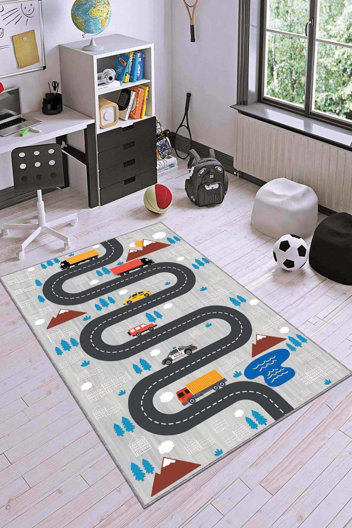 Viva Home AR282 Mavi 7 mm Mikropolyester Leke tutmaz Yıkanabilir İnce Kaymaz Dot Taban Dikdörtgen Makine Dokuma Çocuk Odası Halısı 120x200 cm