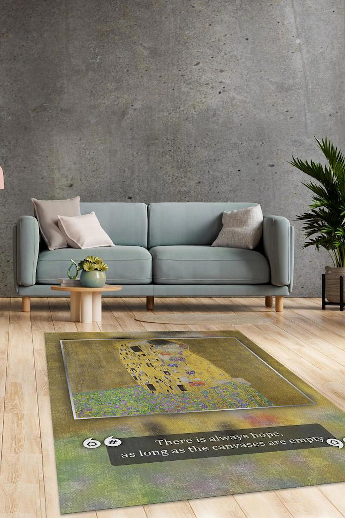 Homshtag Öpücük Klimt Krem 4 mm Pamuk Antistatik Yıkanabilir İnce Kaymaz Dikdörtgen Makine Dokuma Salon Halısı 140x600 cm