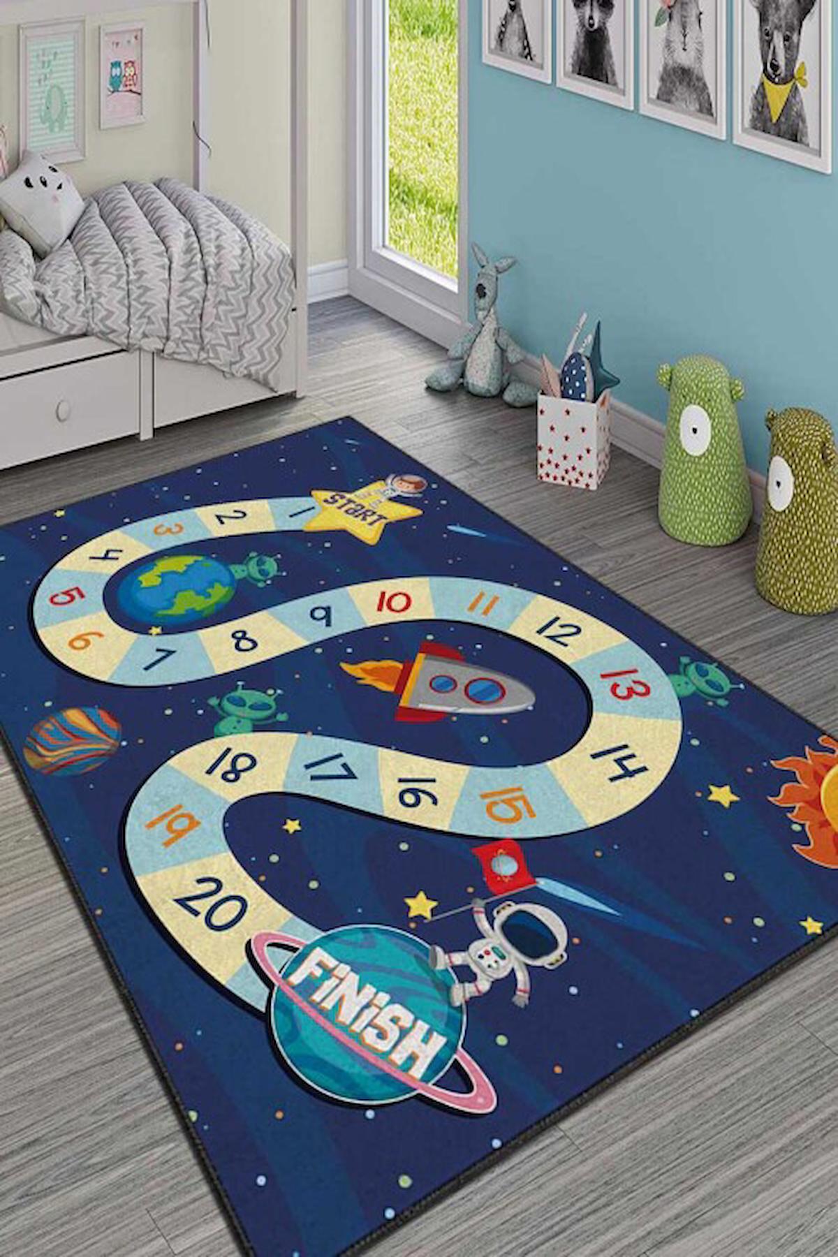 Homefesto Krem 5 mm Polyester Leke Tutmaz Yıkanabilir İnce Kaymaz Taban Yazılı Dikdörtgen Makine Dokuma Çocuk Odası Halısı 240x340 cm