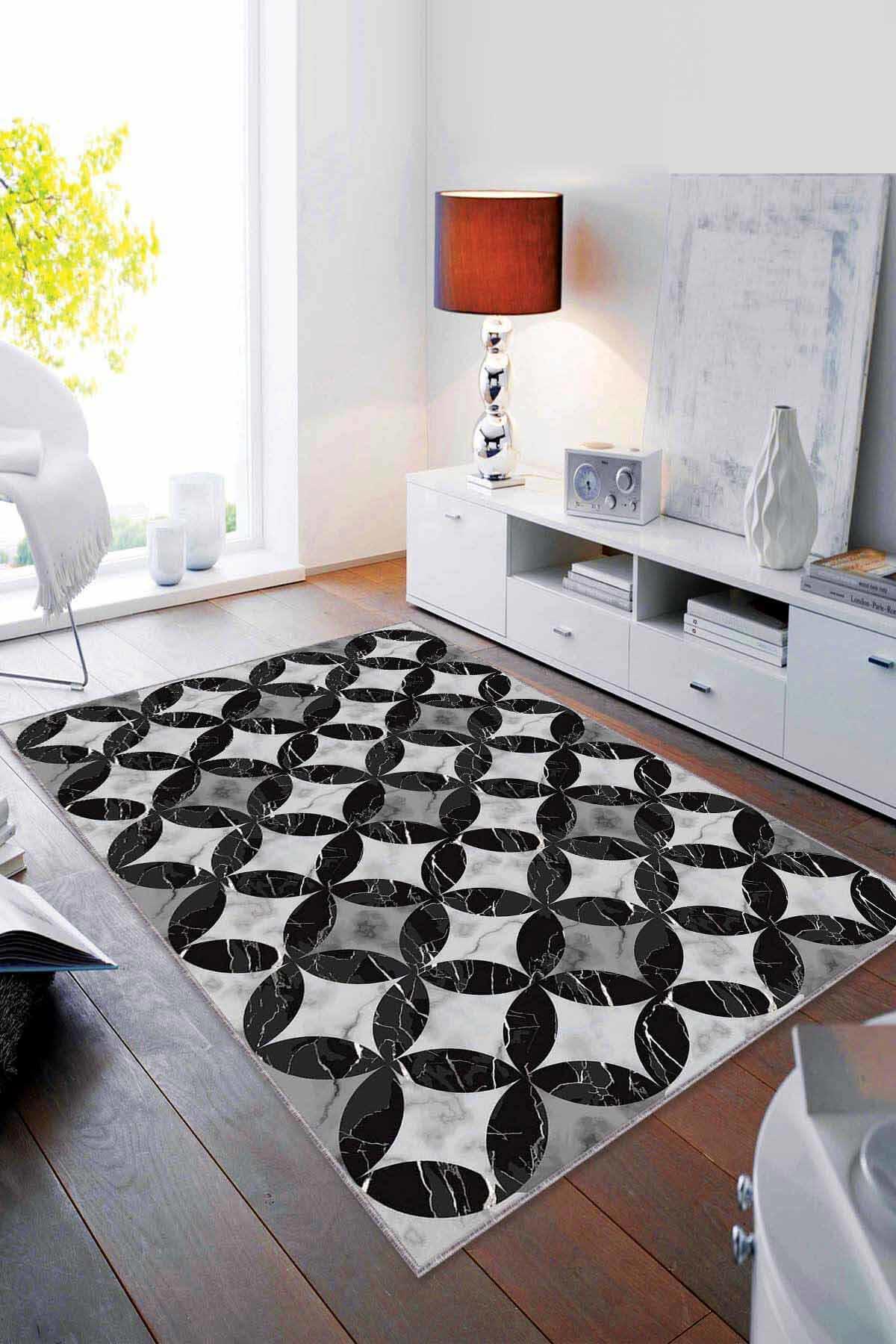Viva Home RV133 Siyah 7 mm Mikropolyester Antibakteriyel Yıkanabilir İnce Kaymaz Lateks Taban Dikdörtgen Makine Dokuma Salon Halısı 100x300 cm