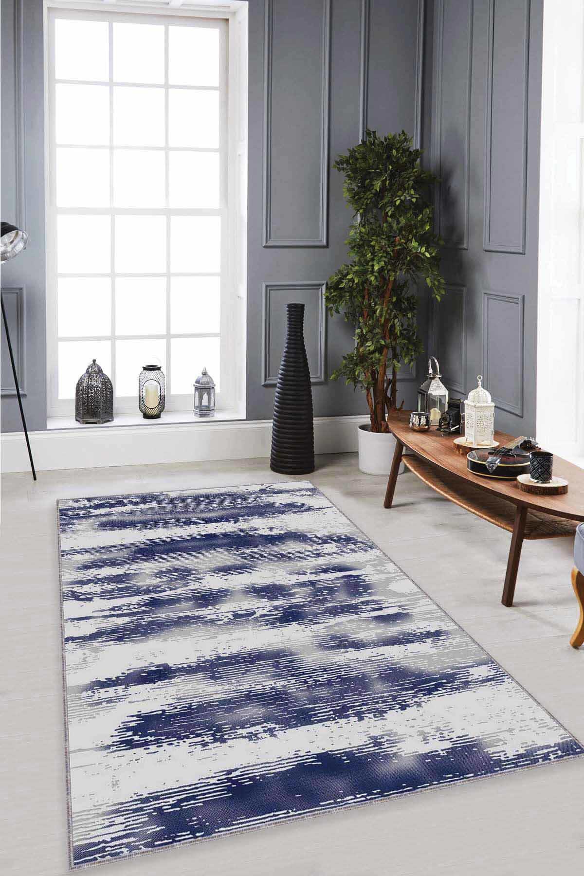 Viva Home MU009 Lacivert 7 mm Mikropolyester Leke tutmaz Yıkanabilir İnce Kaymaz Dot Taban Dikdörtgen Makine Dokuma Salon Halısı 120x180 cm