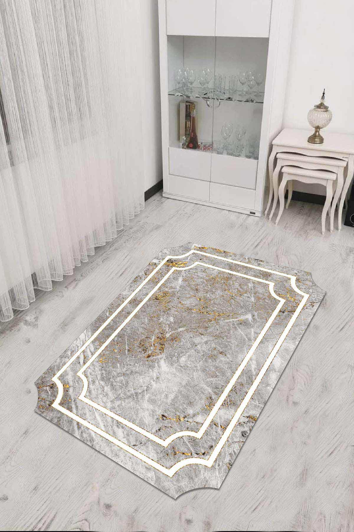 Viva Home RV311 Altın-Gri 7 mm Mikropolyester Toz Tutmaz Yıkanabilir İnce Kaymaz Dot Taban Dikdörtgen Makine Dokuma Salon Halısı 100x200 cm
