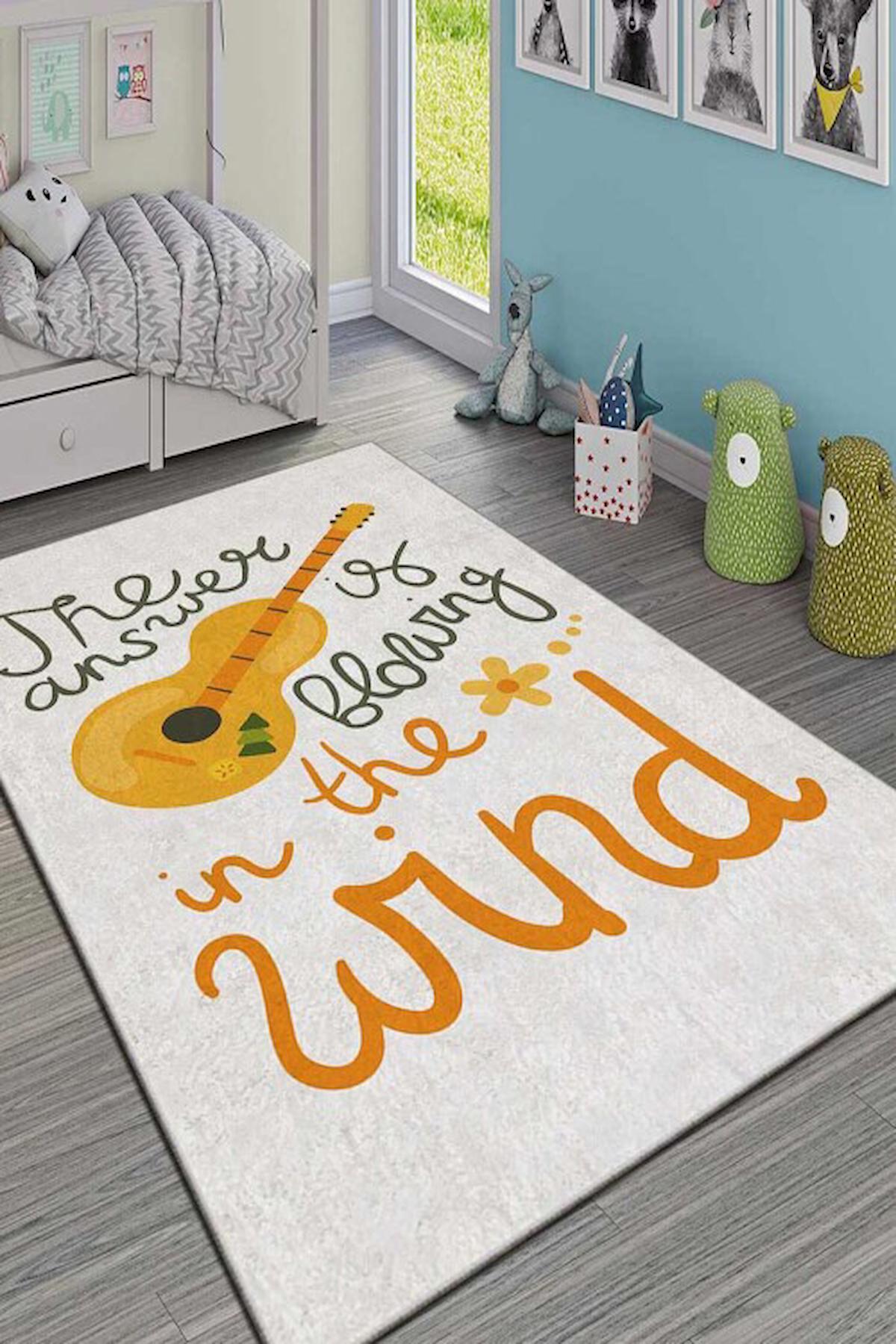 Homefesto Krem 5 mm Polyester Leke Tutmaz Yıkanabilir İnce Kaymaz Taban Yazılı Dikdörtgen Makine Dokuma Çocuk Odası Halısı 180x280 cm