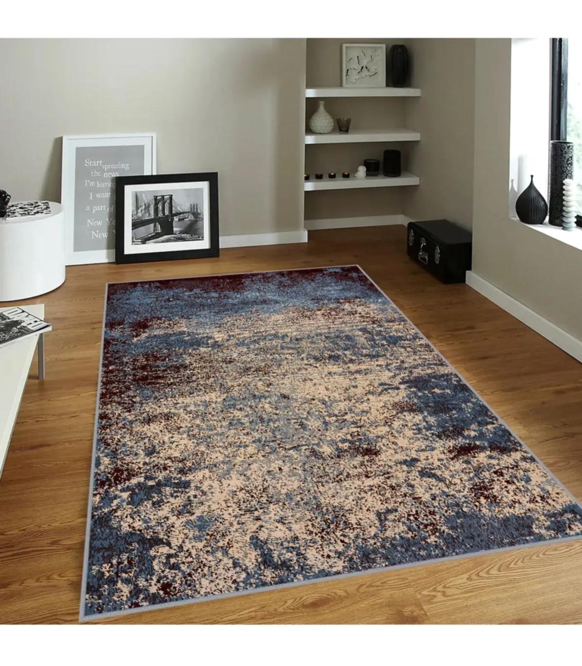 Rovigo Home RVG1817 Bej - Mavi 8 mm Polyester Antibakteriyel-Leke Tutmaz-Toz Tutmaz Yıkanabilir İnce Kaymaz Dot Taban Dikdörtgen Makine Dokuma Salon Halısı 100x200 cm