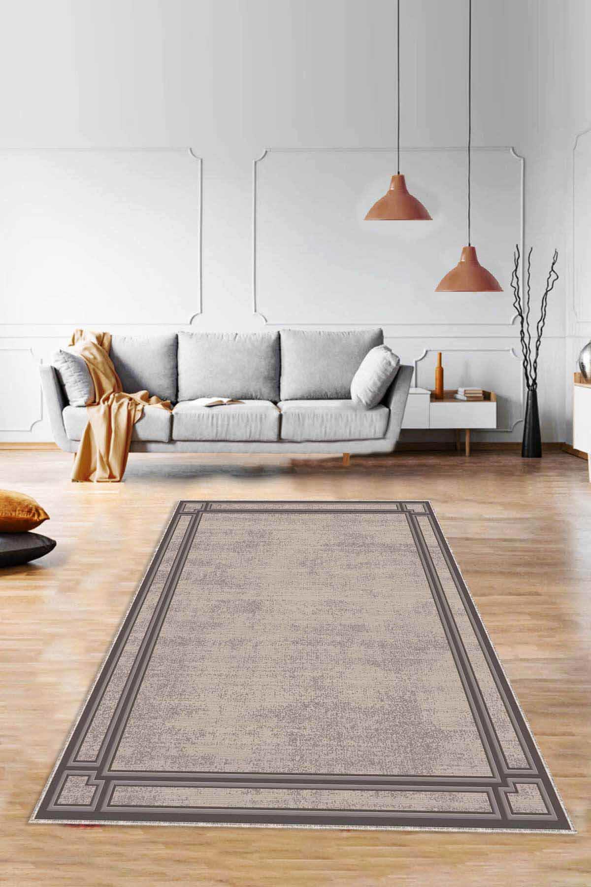 Viva Home RV055 Bej 7 mm Mikropolyester Yıkanabilir İnce Kaymaz Jüt Taban Dikdörtgen Makine Dokuma Salon Halısı 160x230 cm