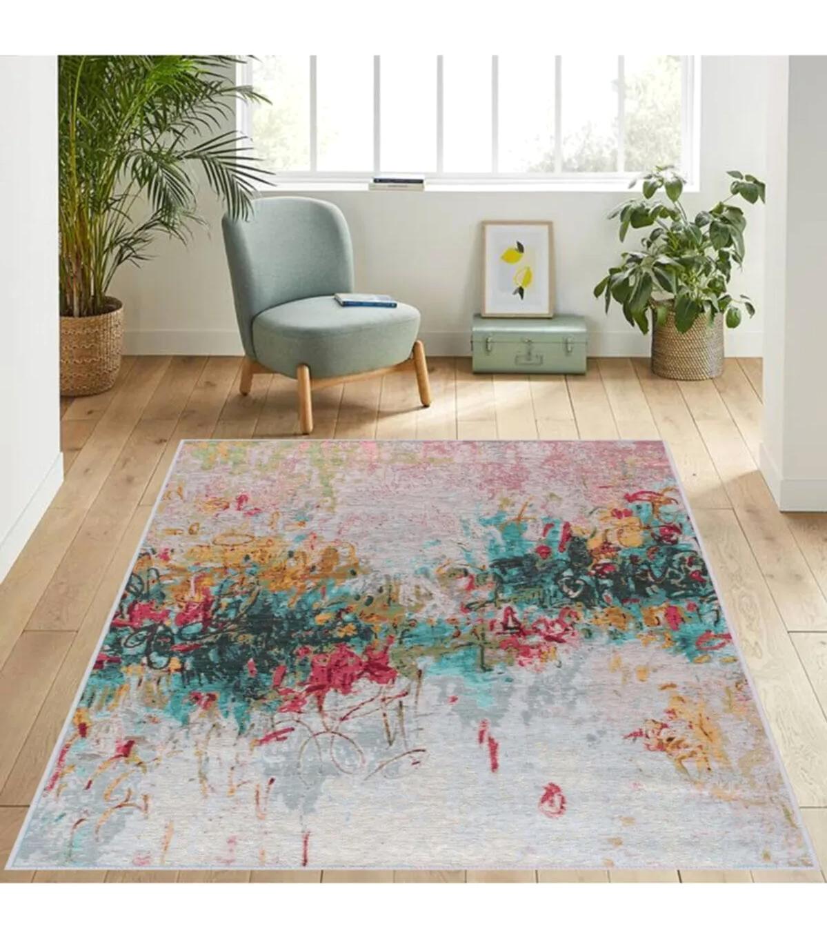 Rovigo Home RVG1233 Çok Renkli 8 mm Polyester Antibakteriyel-Leke Tutmaz-Toz Tutmaz Yıkanabilir İnce Kaymaz Dot Taban Dikdörtgen Makine Dokuma Salon Halısı 80x150 cm