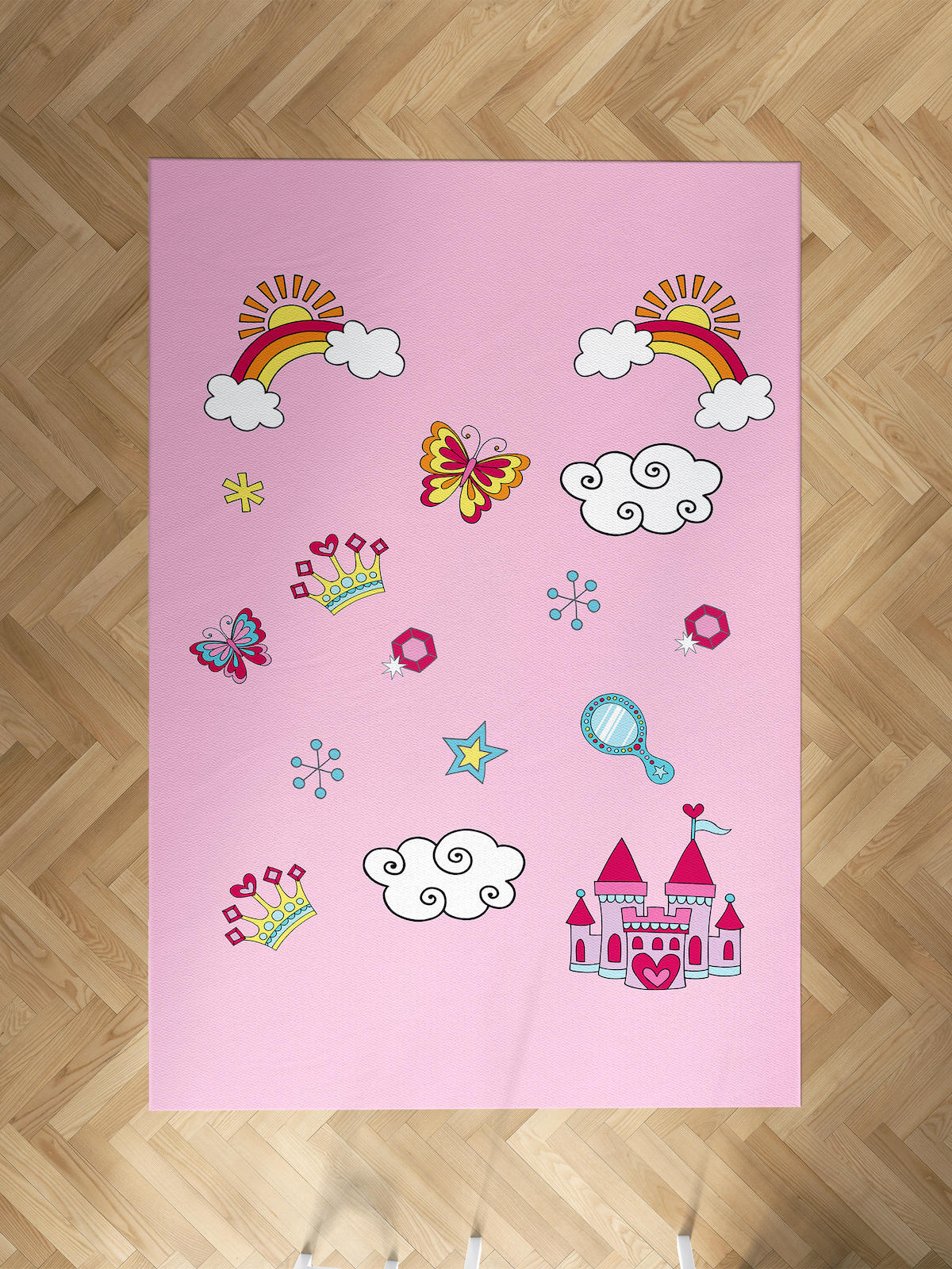 Mekta Home Bulut-Gökkuşağı Çok Renkli 10 mm Antibakteriyel Yıkanabilir İnce Kaymaz Dot Taban Dikdörtgen Makine Dokuma Çocuk Odası Halısı 90x90 cm