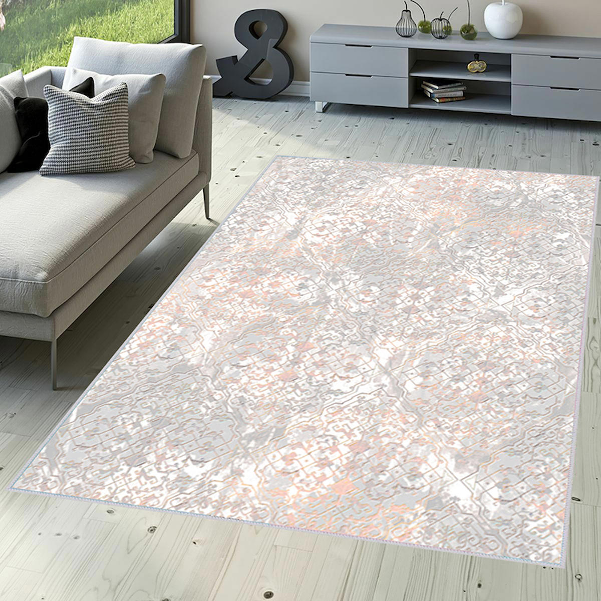 Rovigo Home RVG1523-HT385 Gri 8 mm Polyester Antibakteriyel-Leke Tutmaz-Toz Tutmaz Yıkanabilir İnce Kaymaz Dot Taban Dikdörtgen Makine Dokuma Salon Halısı 80x300 cm