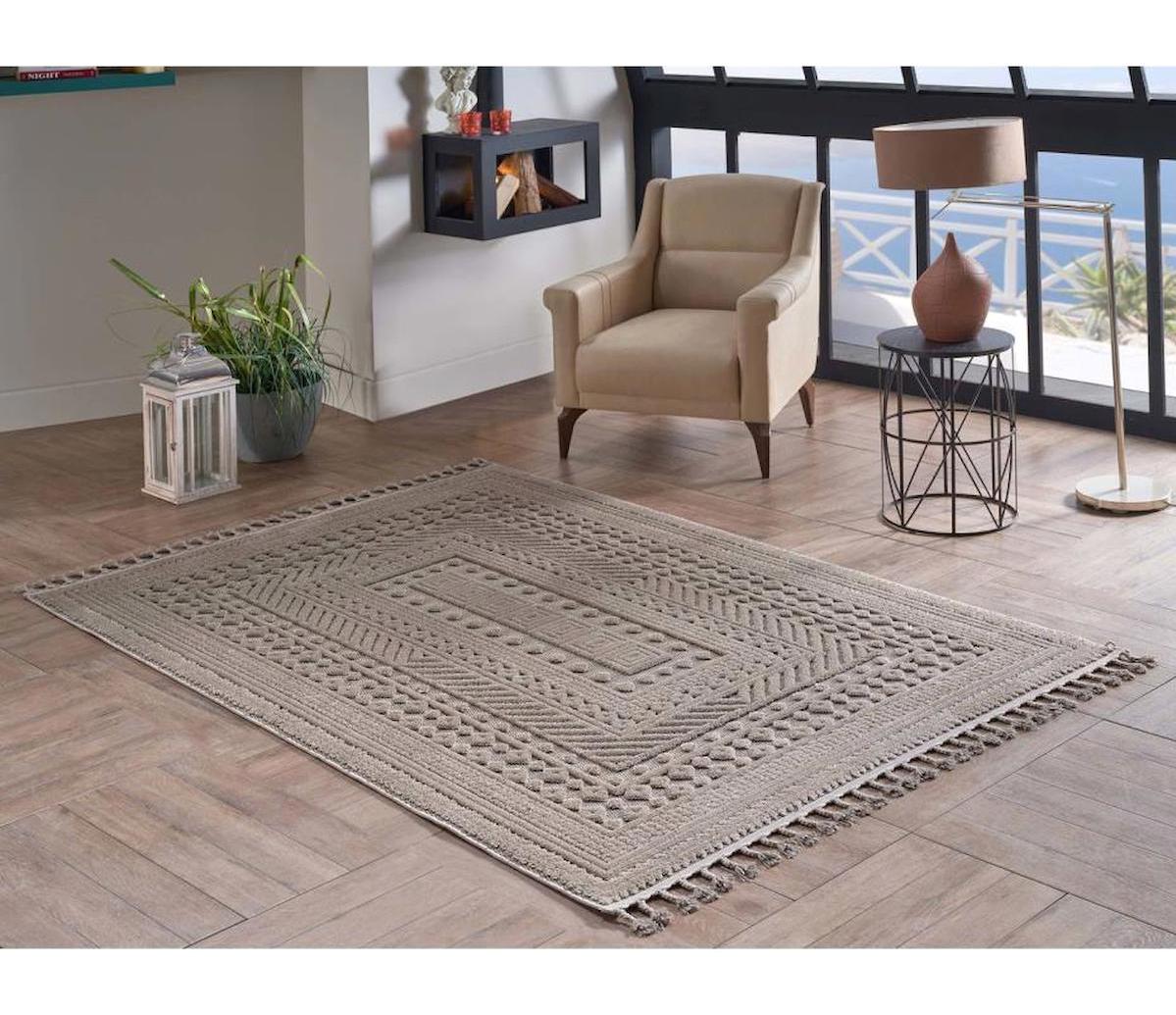Gümüşsuyu Deco Alvin 12621 Krem 6 mm Polyester Antibakteriyel Yıkanabilir İnce Kaymaz Jüt Taban Dikdörtgen Makine Dokuma Salon Halısı 75x230 cm