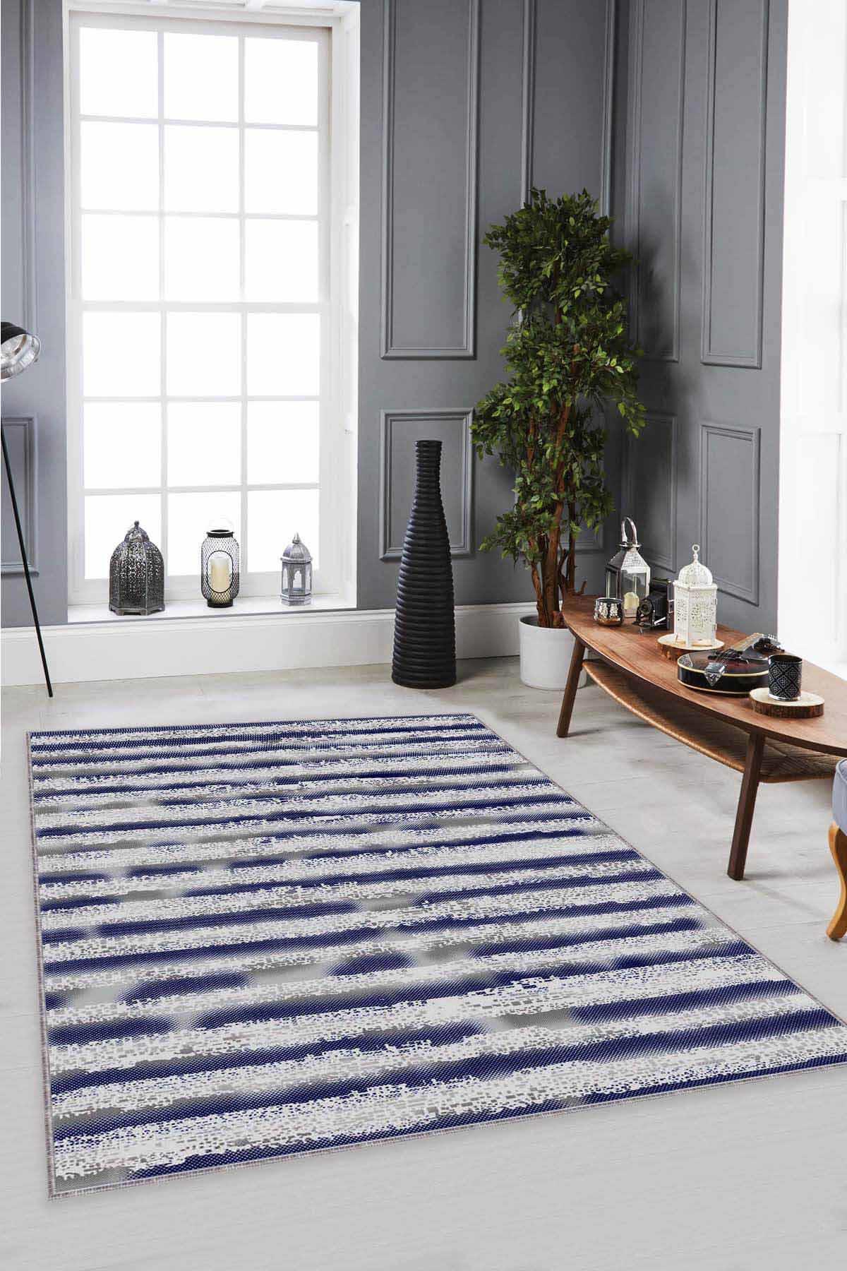 Viva Home FO02 Lacivert 7 mm Mikropolyester Antibakteriyel Yıkanabilir İnce Kaymaz Dikdörtgen Makine Dokuma Salon Halısı 80x150 cm