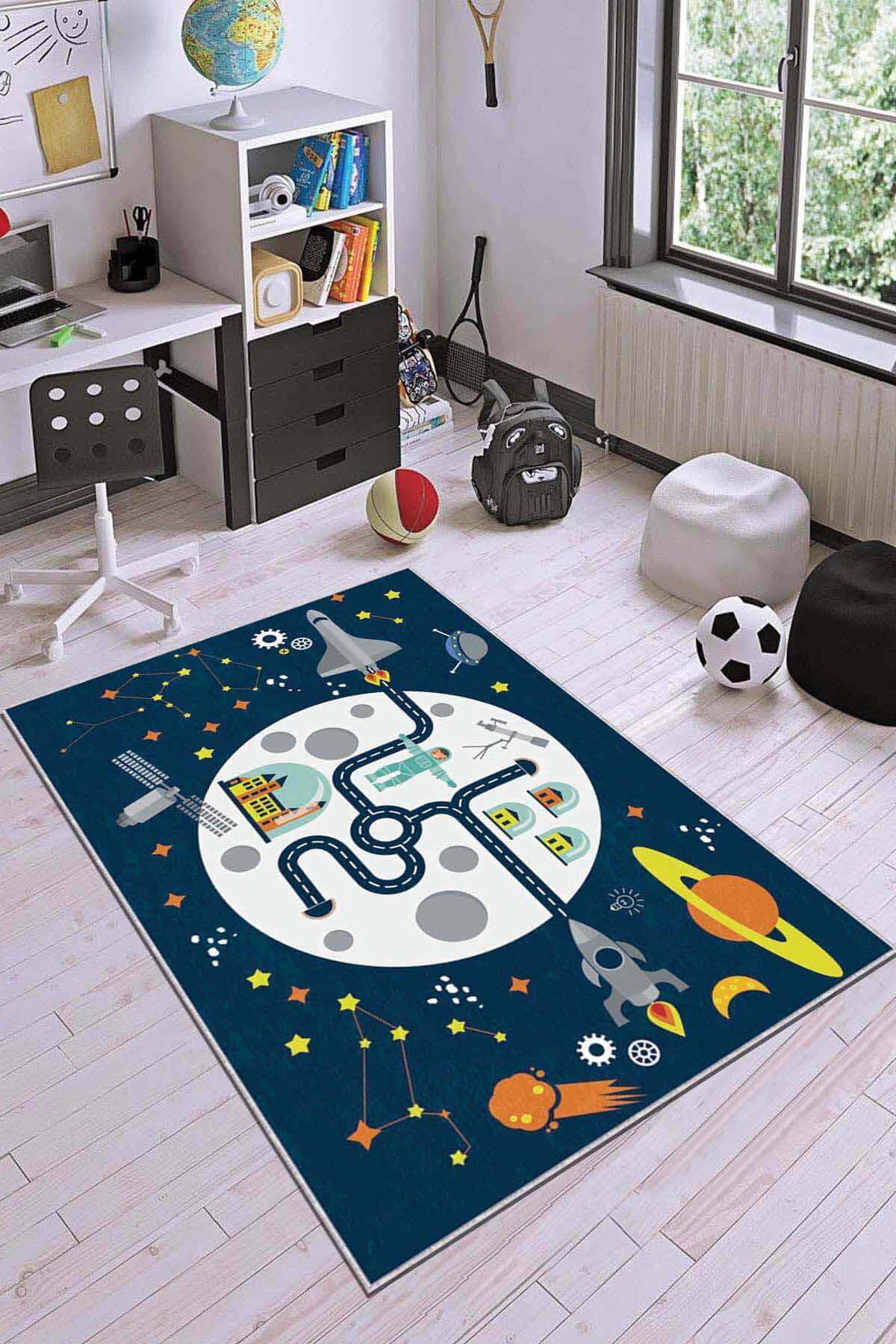Viva Home AR065 Lacivert 7 mm Mikropolyester Leke tutmaz Yıkanabilir İnce Kaymaz Dikdörtgen Makine Dokuma Çocuk Odası Halısı 160x230 cm