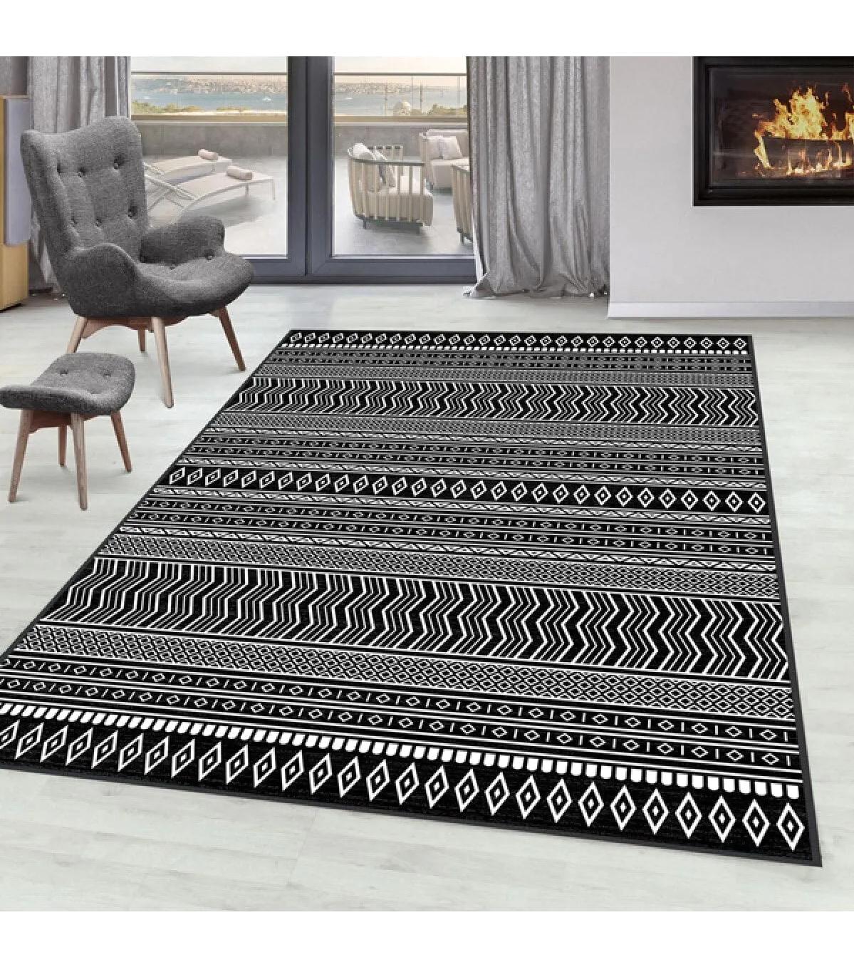 Rovigo Home RVG0110-SD1164 Beyaz - Siyah 8 mm Polyester Yıkanabilir Orta Kaymaz Dot Taban Dikdörtgen Makine Dokuma Salon Halısı 100x300 cm