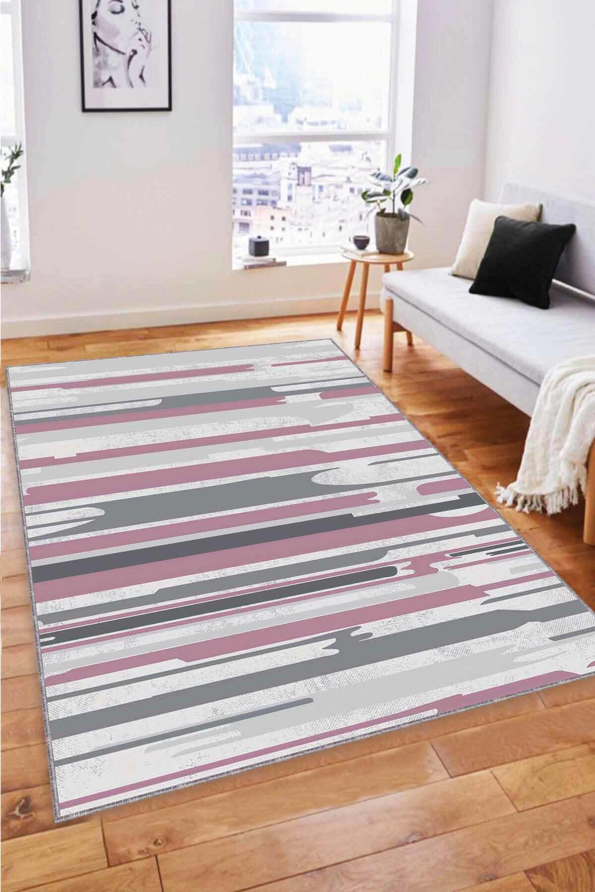 Viva Home FH06 Pembe 7 mm Mikropolyester Leke Tutmaz Yıkanabilir İnce Kaymaz Dot Taban Dikdörtgen Makine Dokuma Salon Halısı 120x200 cm