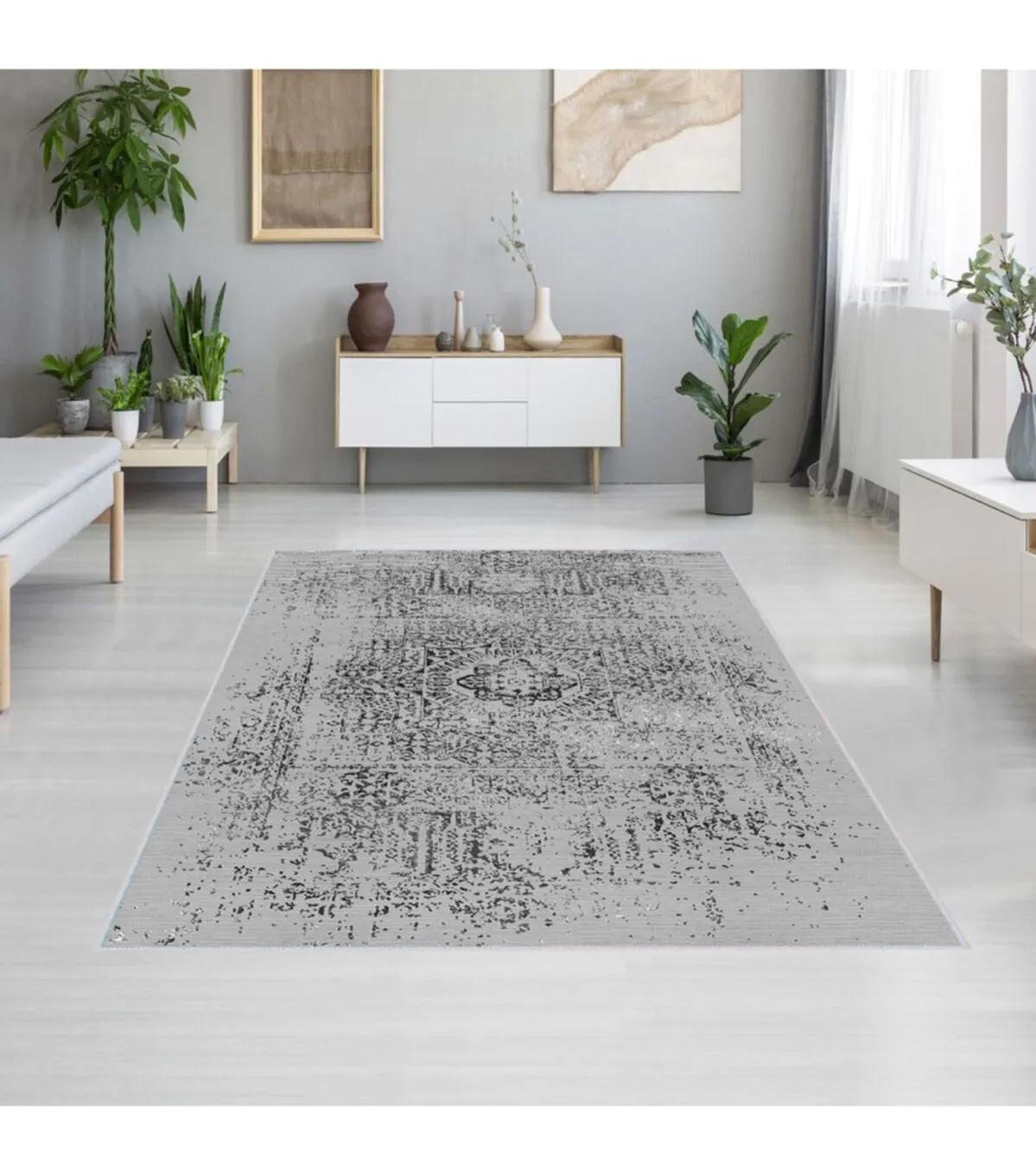 Rovigo Home RVG1318 Gri 8 mm Polyester Leke Tutmaz-Toz Tutmaz Yıkanabilir İnce Kaymaz Dot Taban Dikdörtgen Makine Dokuma Salon Halısı 100x160 cm