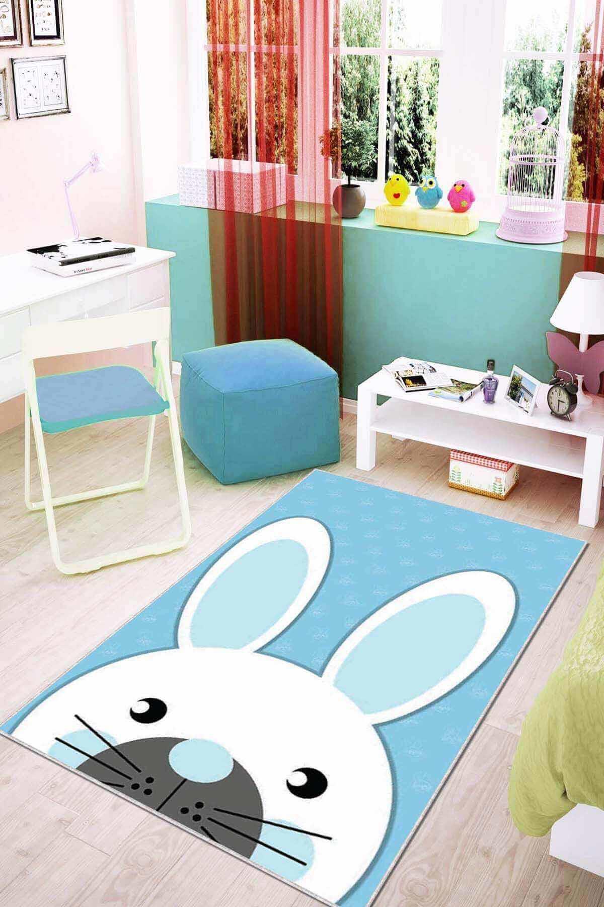 Viva Home KD04 Mavi 7 mm Mikropolyester Antialerjenik Yıkanabilir İnce Kaymaz Dikdörtgen Makine Dokuma Çocuk Odası Halısı 80x150 cm