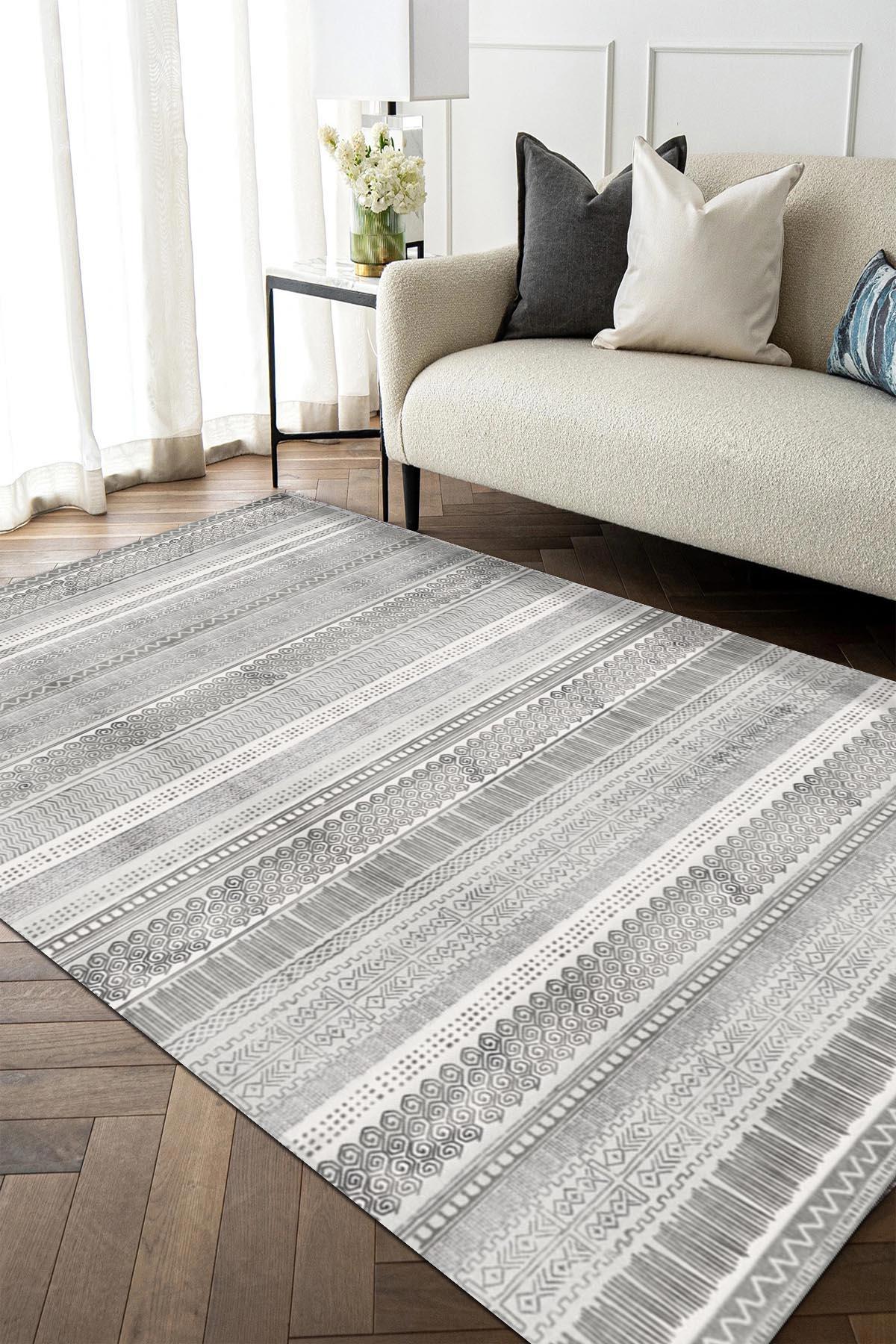 Aida Home Tromse Çok Renkli 0.5 mm Pamuk Antibakteriyel Yıkanabilir İnce Kaymaz Pamuk Taban Dikdörtgen Makine Dokuma Salon Halısı 160x230 cm