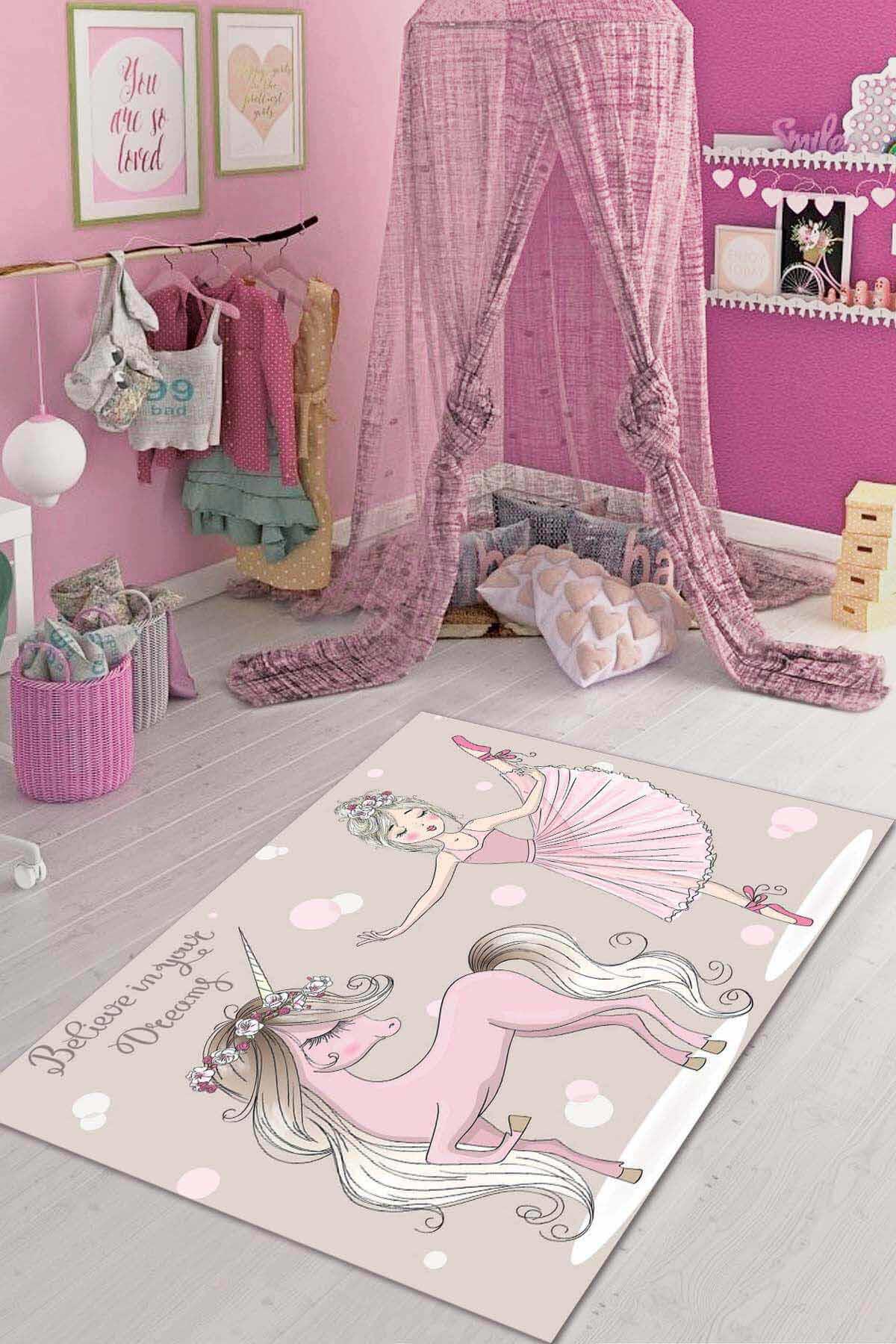 Viva Home AR035 Pembe 7 mm Mikropolyester Leke Tutmaz Yıkanabilir İnce Kaymaz Dot Taban Dikdörtgen Makine Dokuma Çocuk Odası Halısı 120x200 cm