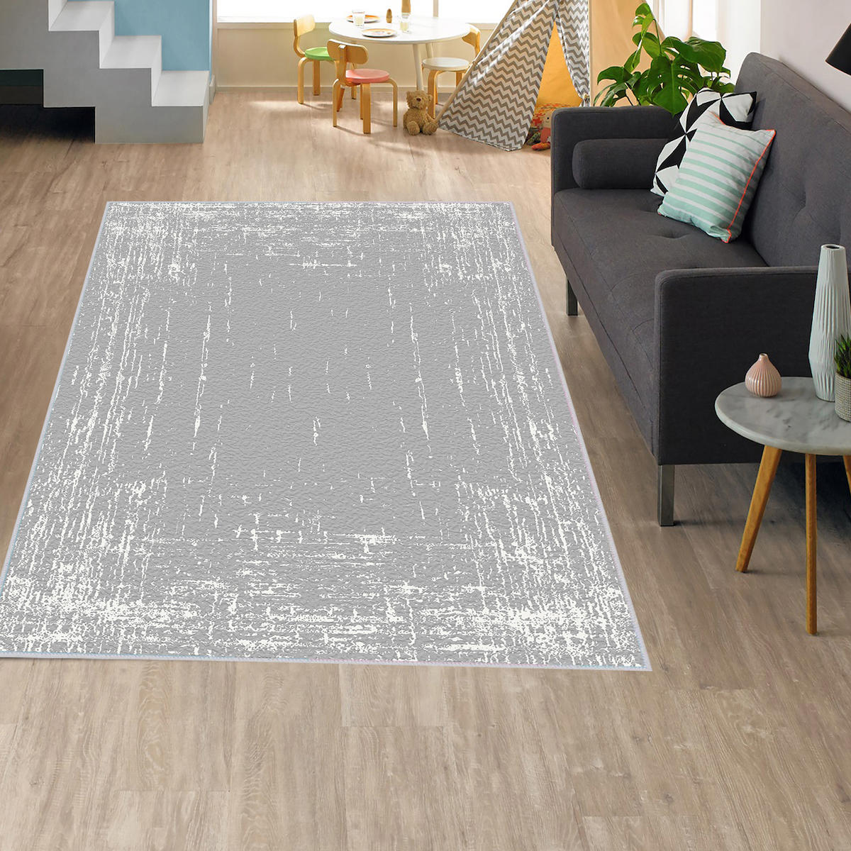 Rovigo Home RVG1613 Gri 8 mm Polyester Antibakteriyel-Leke Tutmaz-Toz Tutmaz Yıkanabilir İnce Kaymaz Dot Taban Dikdörtgen Makine Dokuma Salon Halısı 160x230 cm