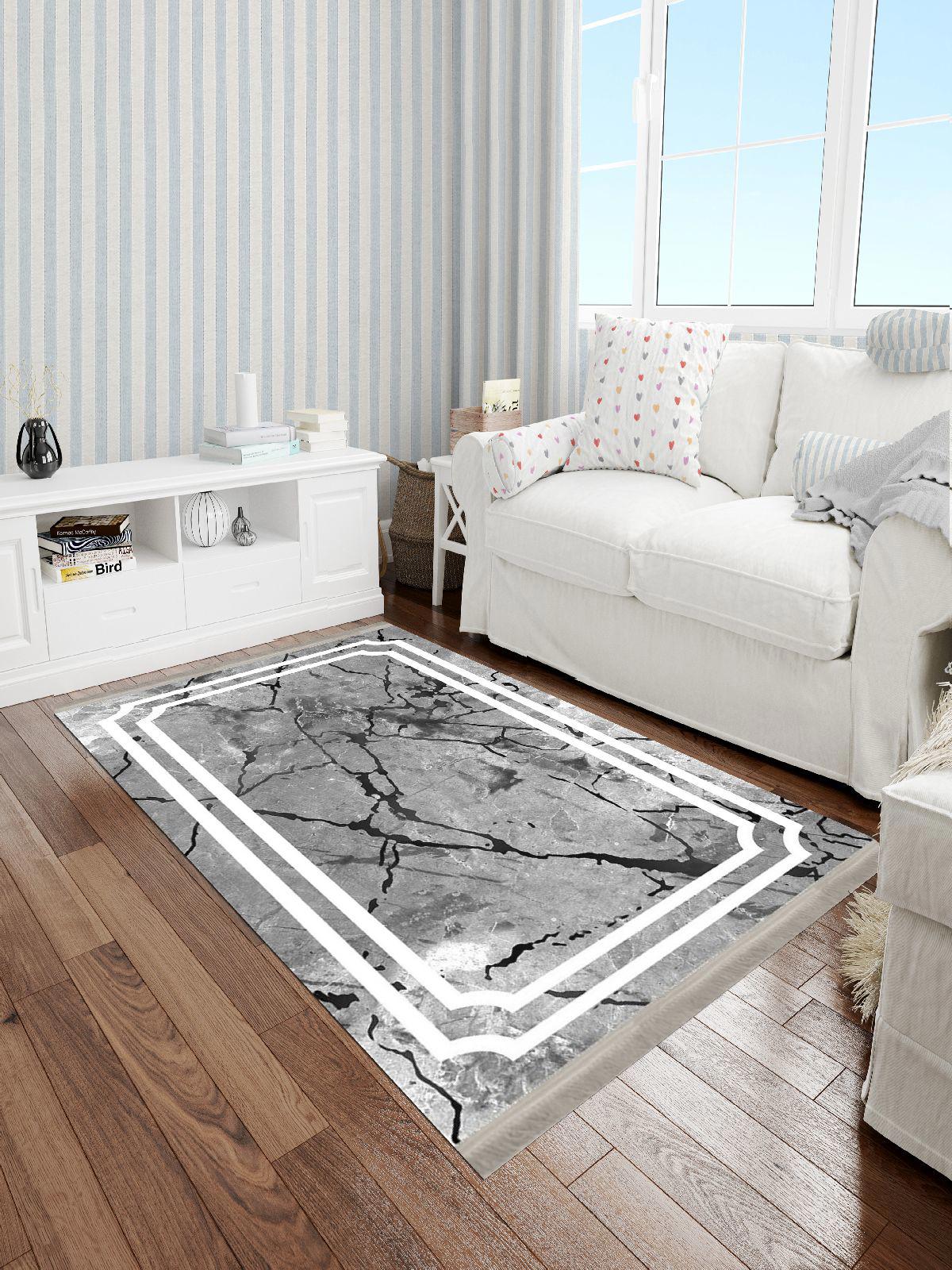 Enbe Collection E-ST1001B Gri 5 mm Pamuk Antibakteriyel Yıkanabilir Orta Kaymaz Dot Taban Dikdörtgen Makine Dokuma Oturma Odası Halısı 160x235 cm