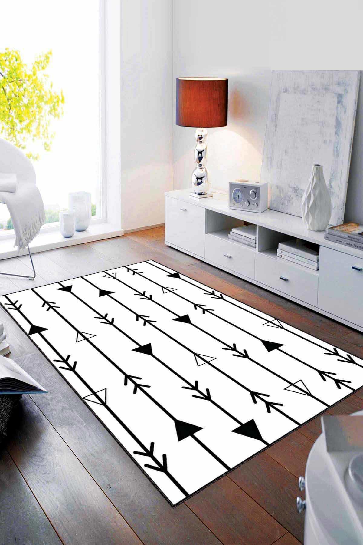 Viva Home MRC05 Beyaz - Siyah 7 mm Mikropolyester Leke Tutmaz Yıkanabilir İnce Kaymaz Dot Taban Dikdörtgen Makine Dokuma Salon Halısı 160x230 cm