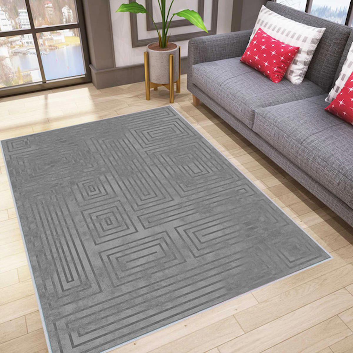 Rovigo Home RVG0036-SD1039 Gri 8 mm Polyester Yıkanabilir Orta Kaymaz Dot Taban Dikdörtgen Makine Dokuma Salon Halısı 120x180 cm