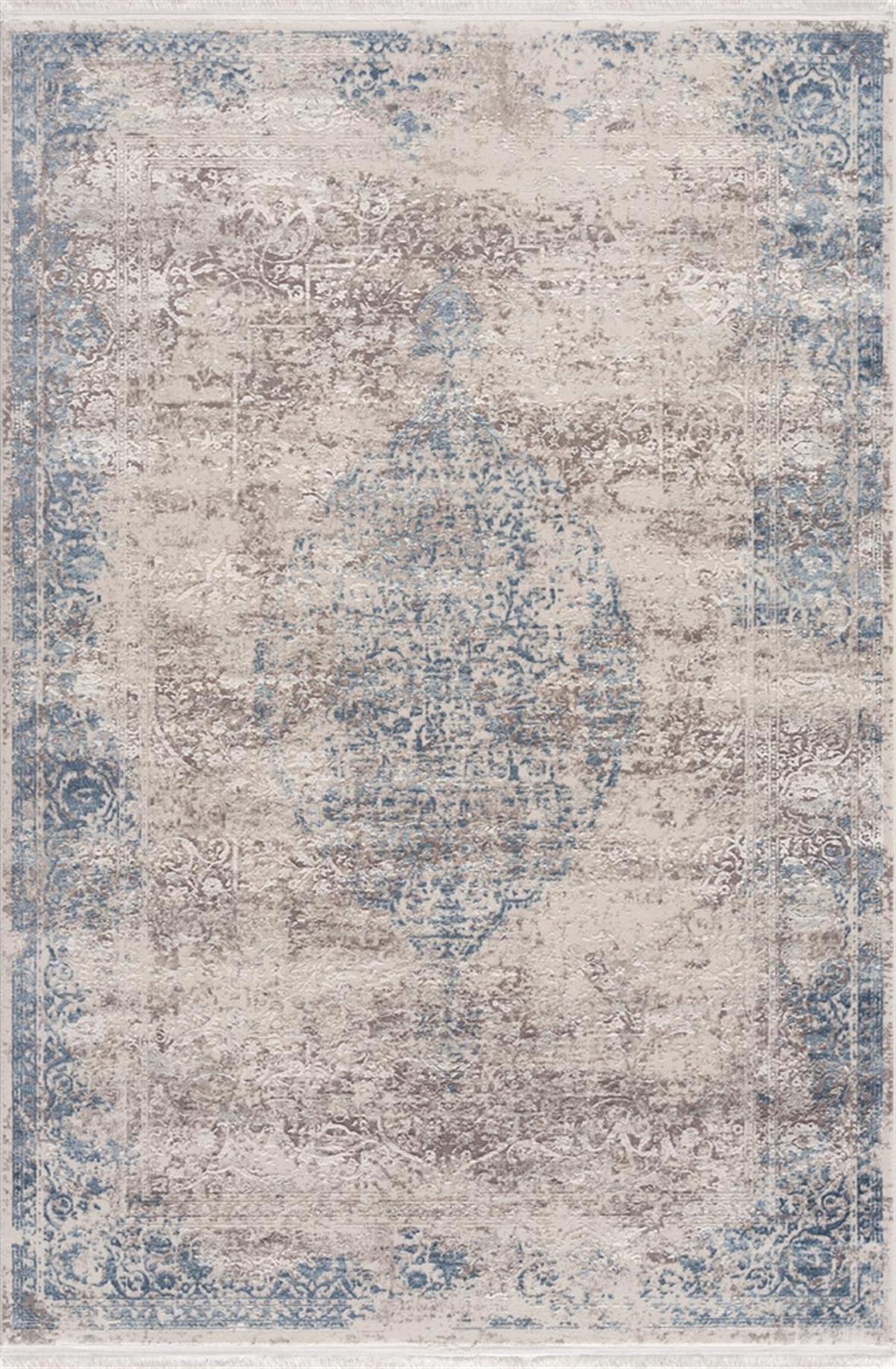 Sanat Halı Doku 1098 Bej - Mavi 8 mm Viskon Antibakteriyel Yıkanabilir Kalın Kaymaz Lateks Taban Dikdörtgen Makine Dokuma Salon Halısı 160x230 cm
