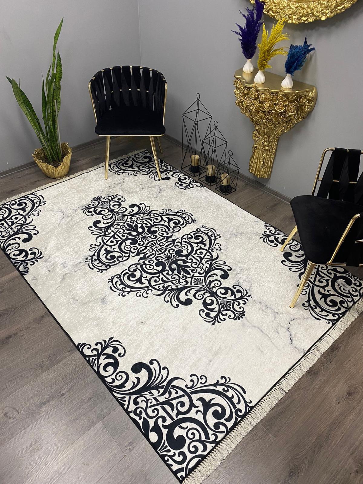 Halı Furyası Tako Krem-Siyah 8 mm Polyester Kir Tutmaz Yıkanabilir İnce Kaymaz Deri Taban Dikdörtgen Makine Dokuma Antre-Oturma Odası-Salon-Yatak Odası Halısı 100x200 cm