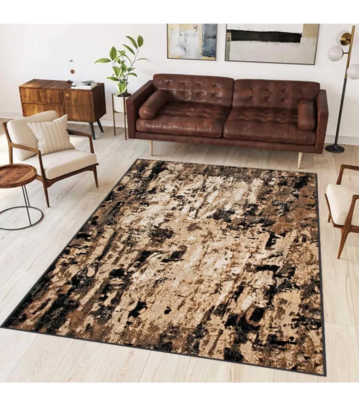 Rovigo Home RVG1690 Kahverengi-Siyah 8 mm Polyester Antibakteriyel-Leke Tutmaz-Toz Tutmaz Yıkanabilir İnce Kaymaz Dot Taban Dikdörtgen Makine Dokuma Salon Halısı 100x200 cm