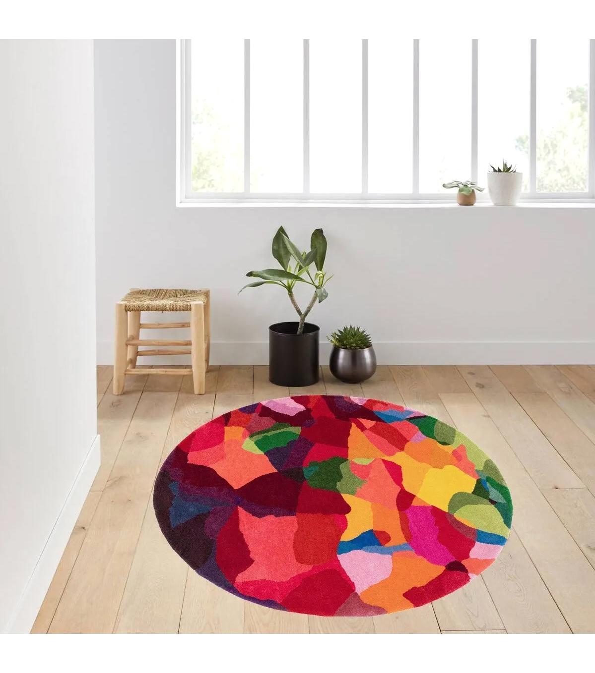 Rovigo Home RVG7281 Çok Renkli 8 mm Polyester Antibakteriyel-Leke Tutmaz-Toz Tutmaz Yıkanabilir İnce Kaymaz Dot Taban Yuvarlak Makine Dokuma Salon Halısı 120x120 cm