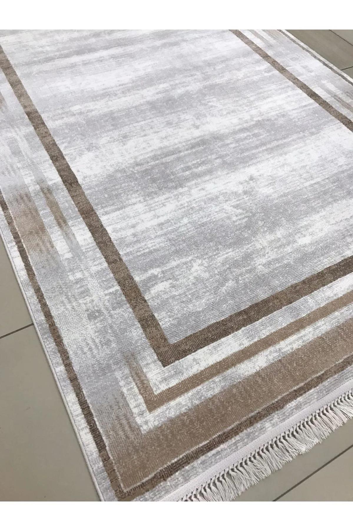 Merinos Rodin 60900 Gri - Kahverengi 10 mm Akrilik Toz Tutmaz Yıkanabilir Kalın Kaymaz Dikdörtgen Makine Dokuma Salon Halısı 100x200 cm