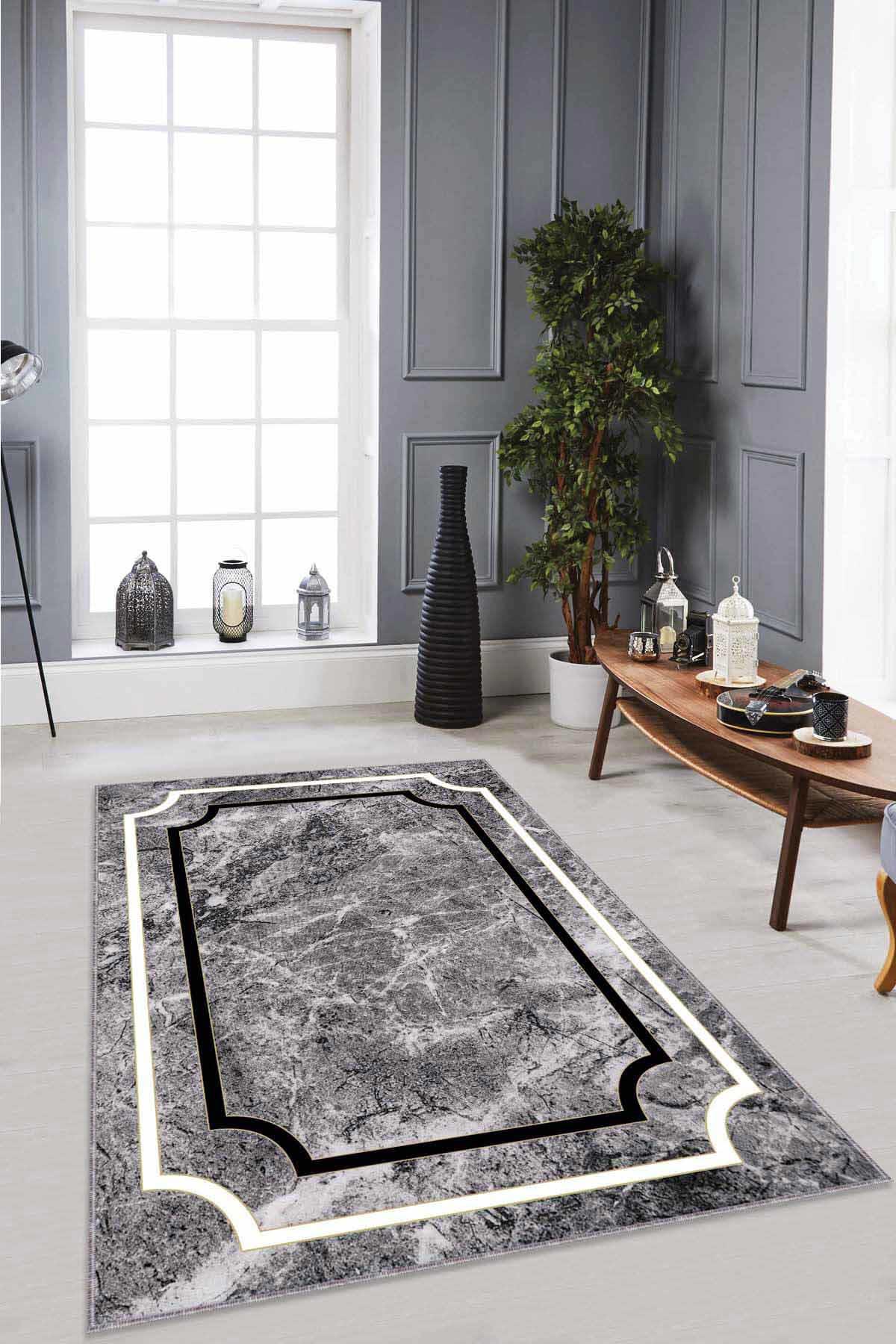 Viva Home RV061 Gri 7 mm Mikropolyester Toz Tutmaz Yıkanabilir İnce Kaymaz Dot Taban Dikdörtgen Makine Dokuma Salon Halısı 100x300 cm