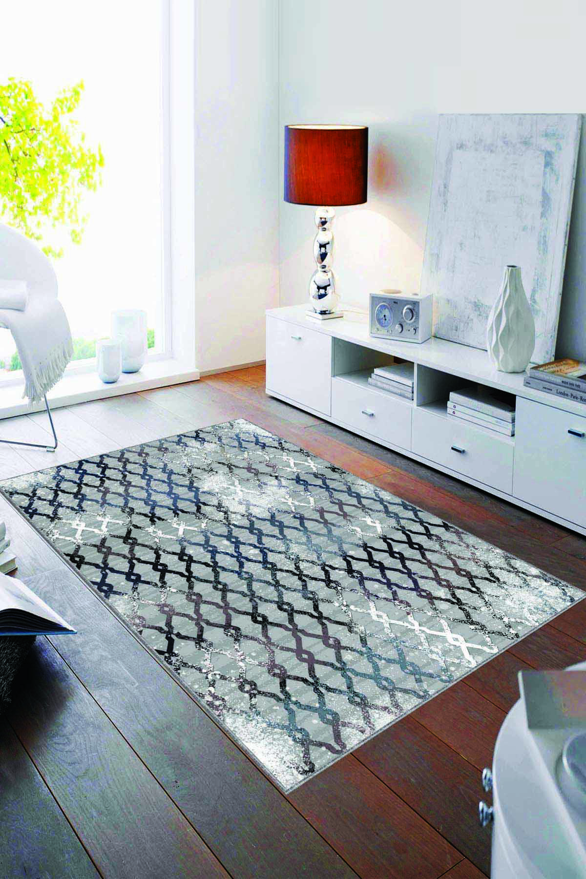 Viva Home AR279 Mavi 7 mm Mikropolyester Antialerjenik Yıkanabilir İnce Kaymaz Dikdörtgen Makine Dokuma Salon Halısı 100x150 cm