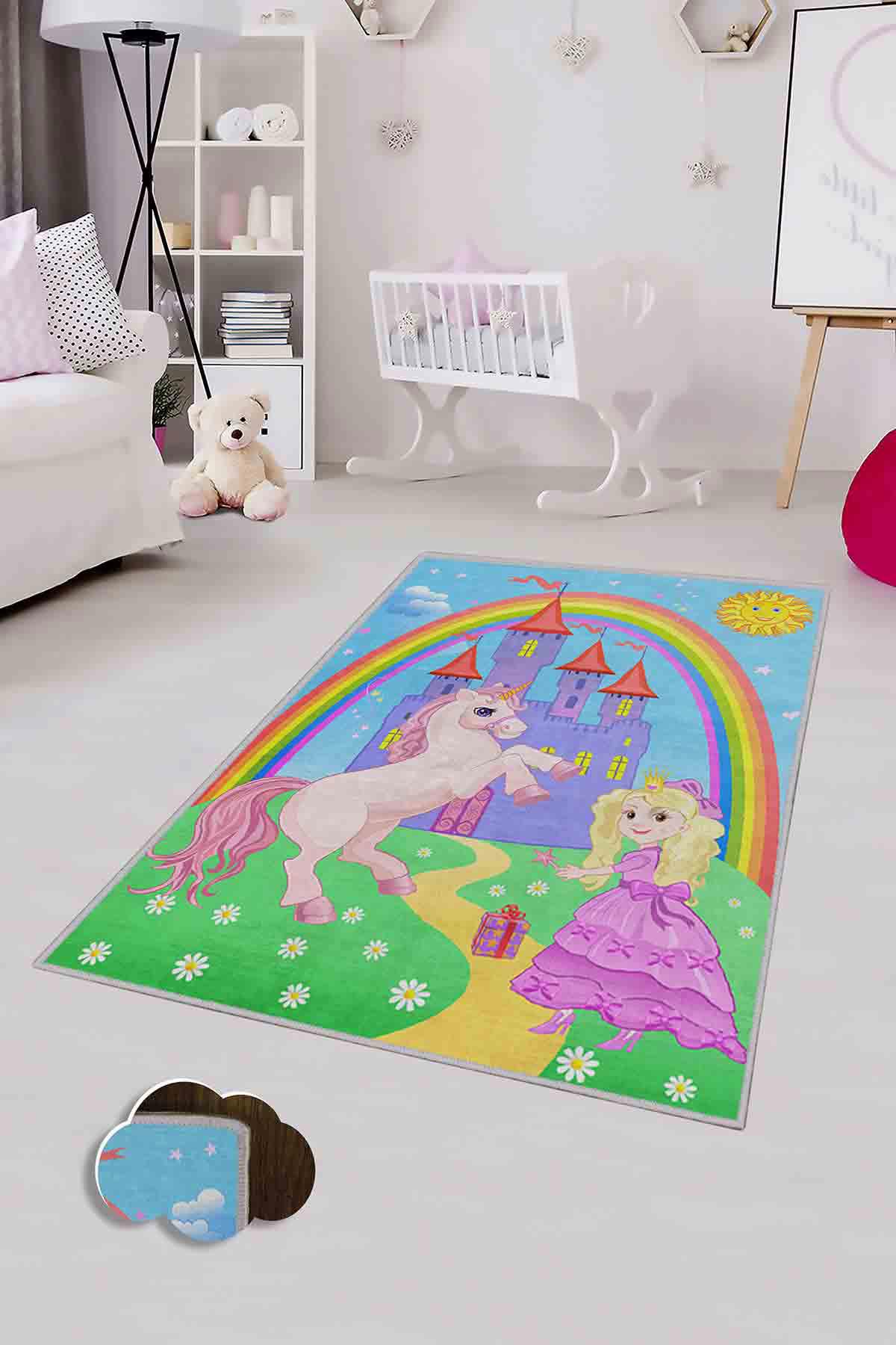 Homefesto Krem 5 mm Polyester Leke Tutmaz Yıkanabilir İnce Kaymaz Taban Figürlü Dikdörtgen Makine Dokuma Çocuk Odası Halısı 100x300 cm