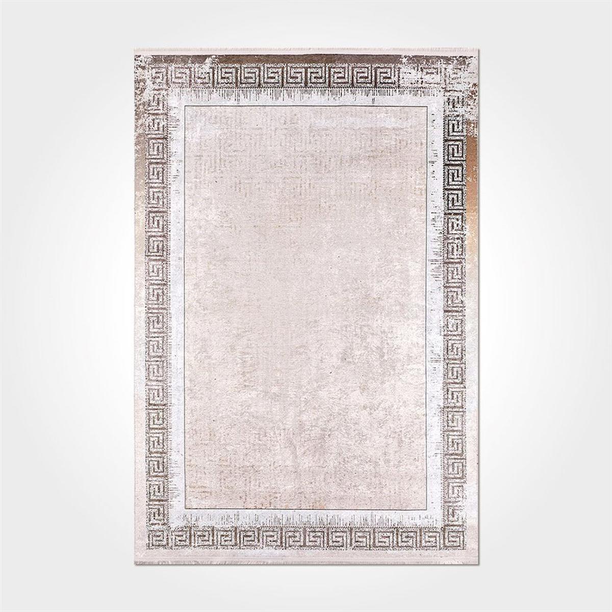 Crea Halı 2080PC Bej Pamuk-Polyester Yıkanabilir İnce Kaymaz Pamuk Taban Dikdörtgen Makine Dokuma Salon Halısı 100x150 cm